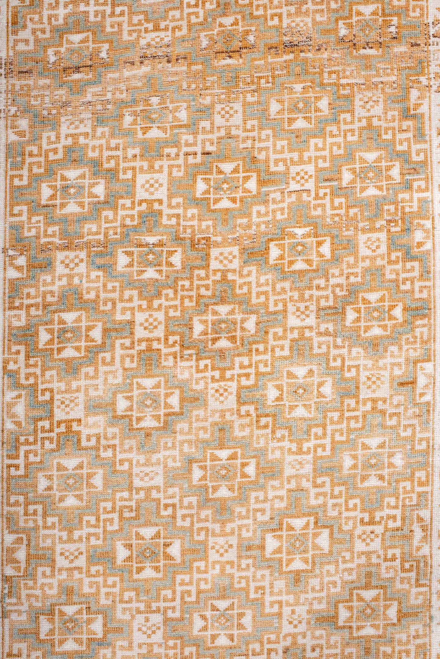 3' x 7' one-of-a-kind handmade vintage Belouch runner rug. Color palette: ivory, camel, taupe, pale blue, sand, beige, gray