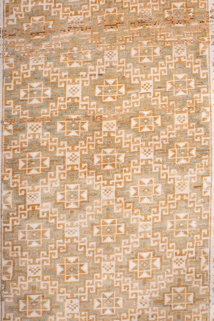 3' x 7' one-of-a-kind handmade vintage Belouch runner rug. Color palette: ivory, camel, taupe, pale blue, sand, beige, gray