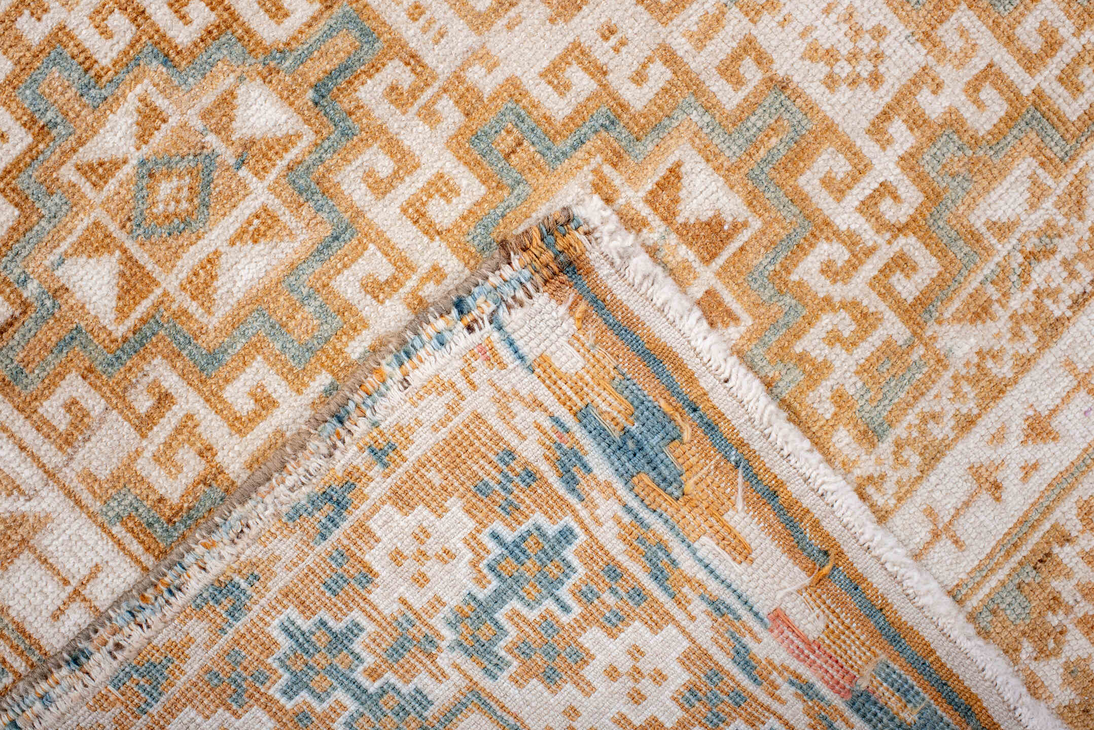 3' x 7' one-of-a-kind handmade vintage Belouch runner rug. Color palette: ivory, camel, taupe, pale blue, sand, beige, gray