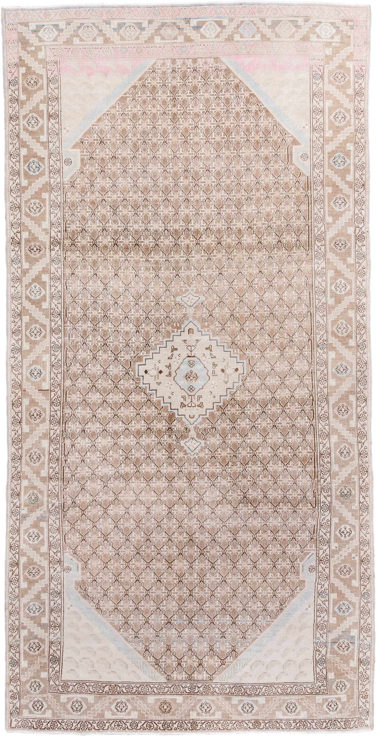 4' x 9' one-of-a-kind handmade antique Malayer runner rug. Color palette: ivory, camel, blush, taupe, light blue, beige