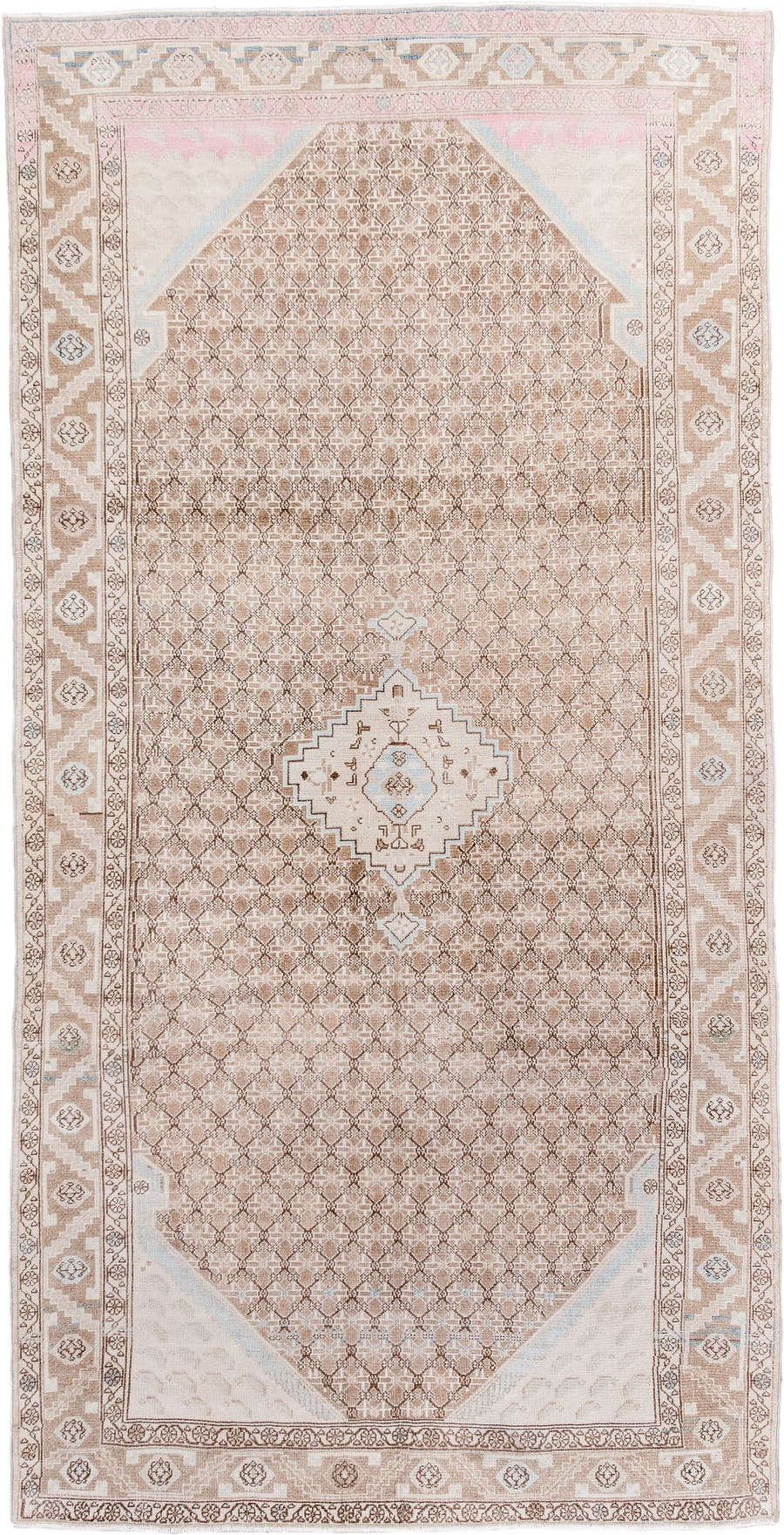 4' x 9' one-of-a-kind handmade antique Malayer runner rug. Color palette: ivory, camel, blush, taupe, light blue, beige
