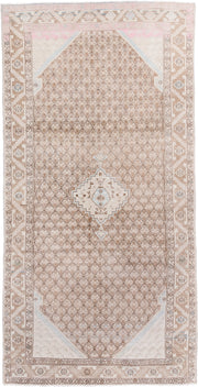 4' x 9' one-of-a-kind handmade antique Malayer runner rug. Color palette: ivory, camel, blush, taupe, light blue, beige