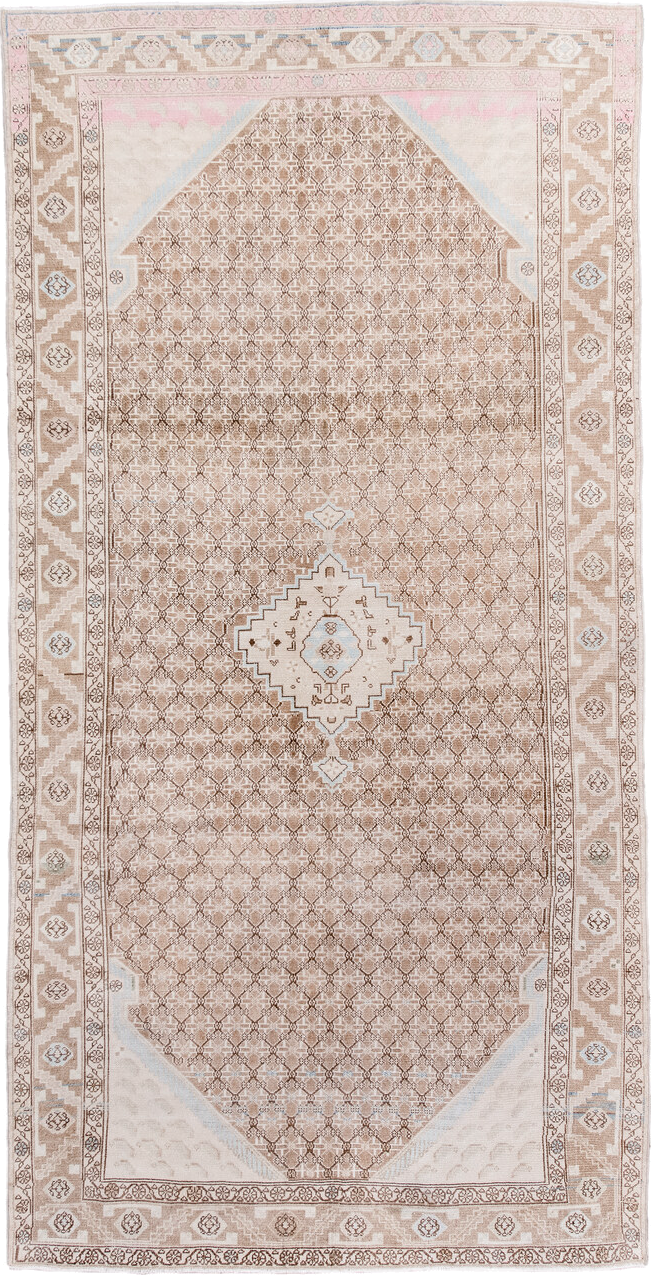 4' x 9' one-of-a-kind handmade antique Malayer runner rug. Color palette: ivory, camel, blush, taupe, light blue, beige