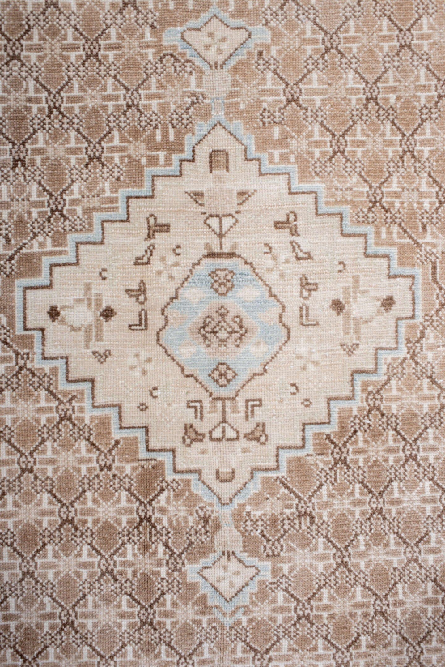 4' x 9' one-of-a-kind handmade antique Malayer runner rug. Color palette: ivory, camel, blush, taupe, light blue, beige