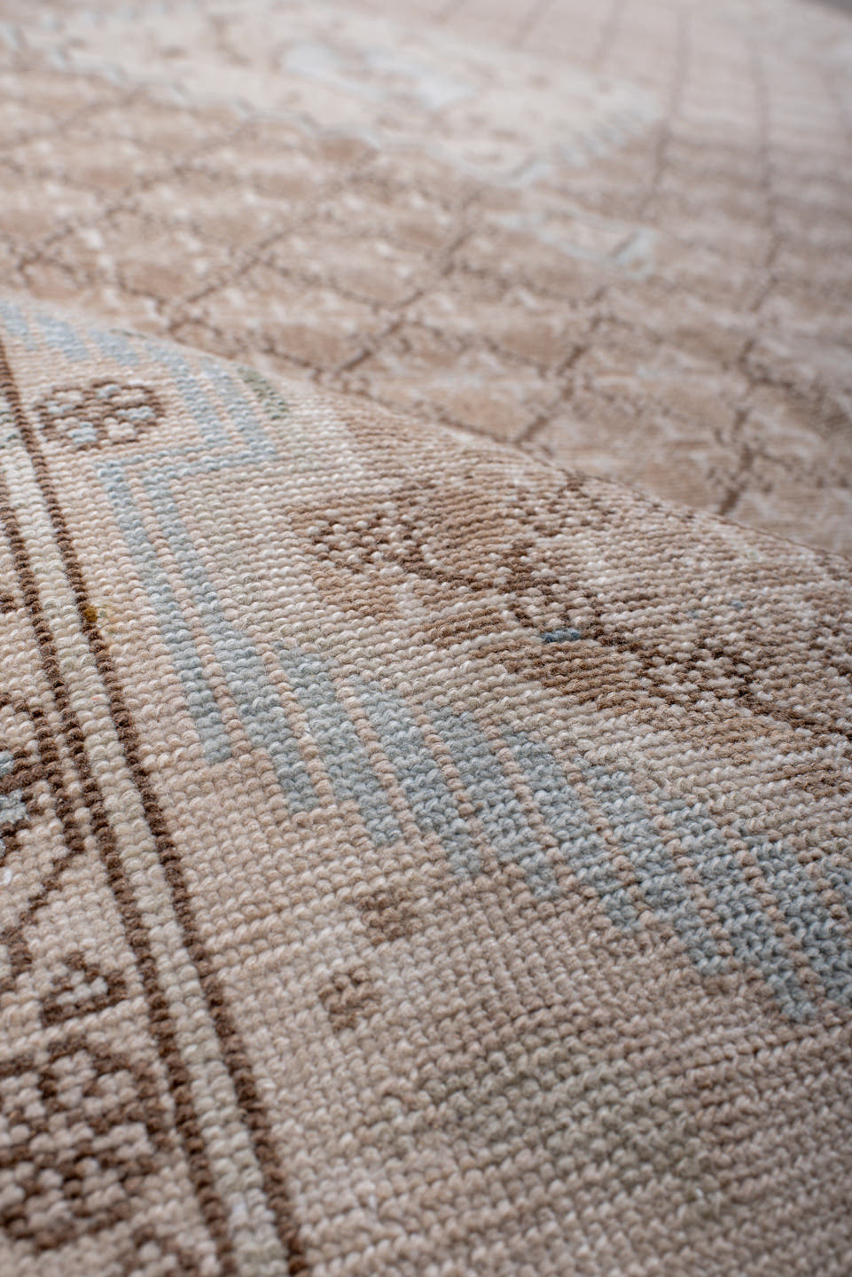 4' x 9' one-of-a-kind handmade antique Malayer runner rug. Color palette: ivory, camel, blush, taupe, light blue, beige