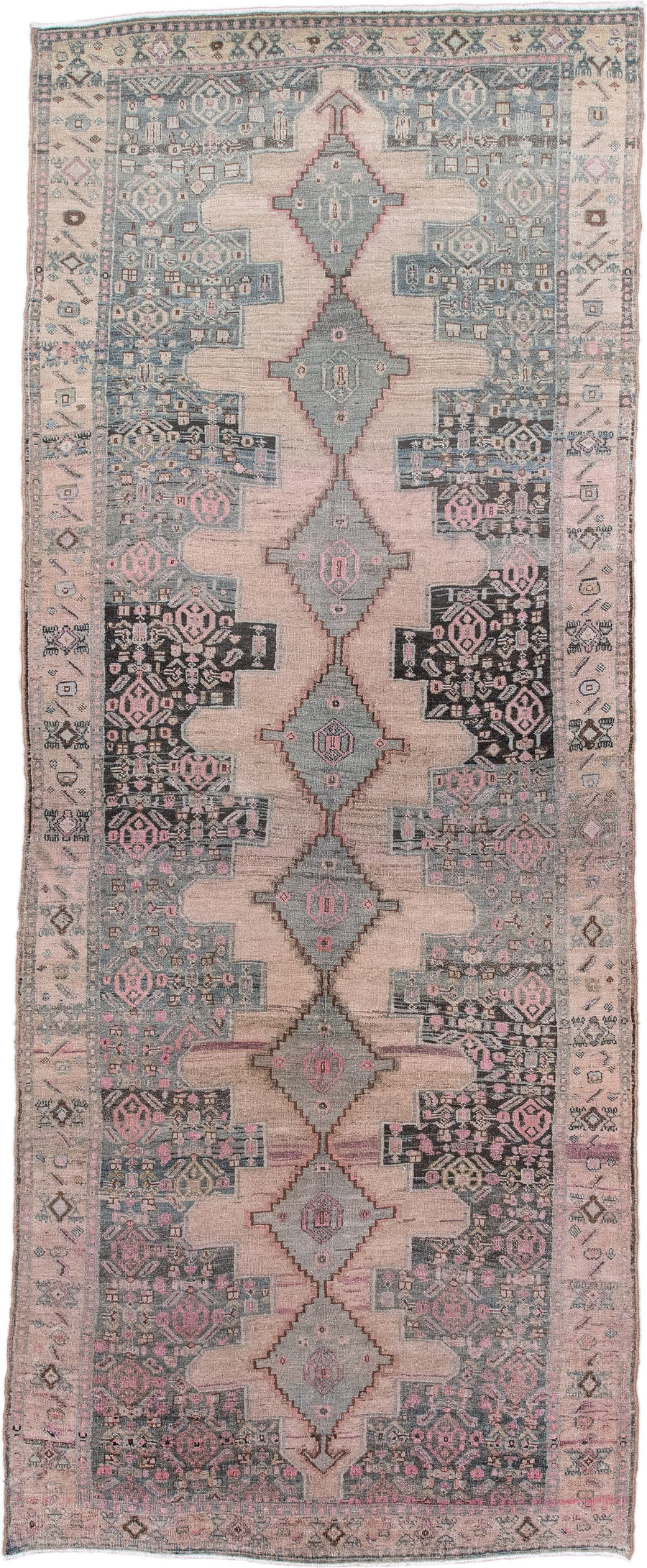 4' x 10' one-of-a-kind handmade antique Bidjar runner rug. Color palette: blush, ivory, slate, charcoal, rose, taupe