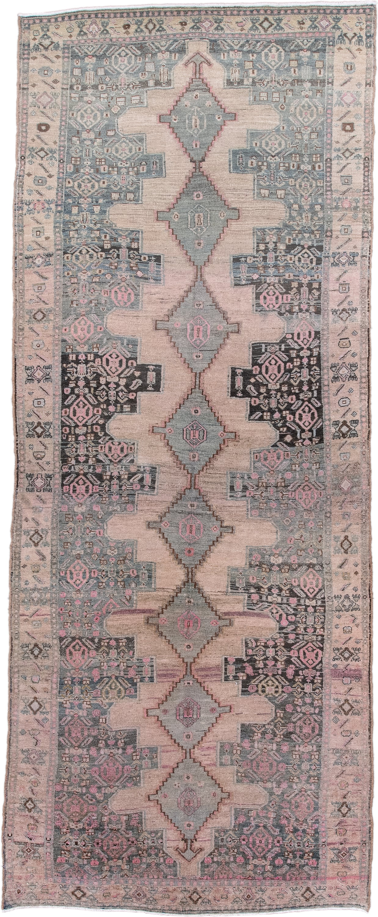 4' x 10' one-of-a-kind handmade antique Bidjar runner rug. Color palette: blush, ivory, slate, charcoal, rose, taupe