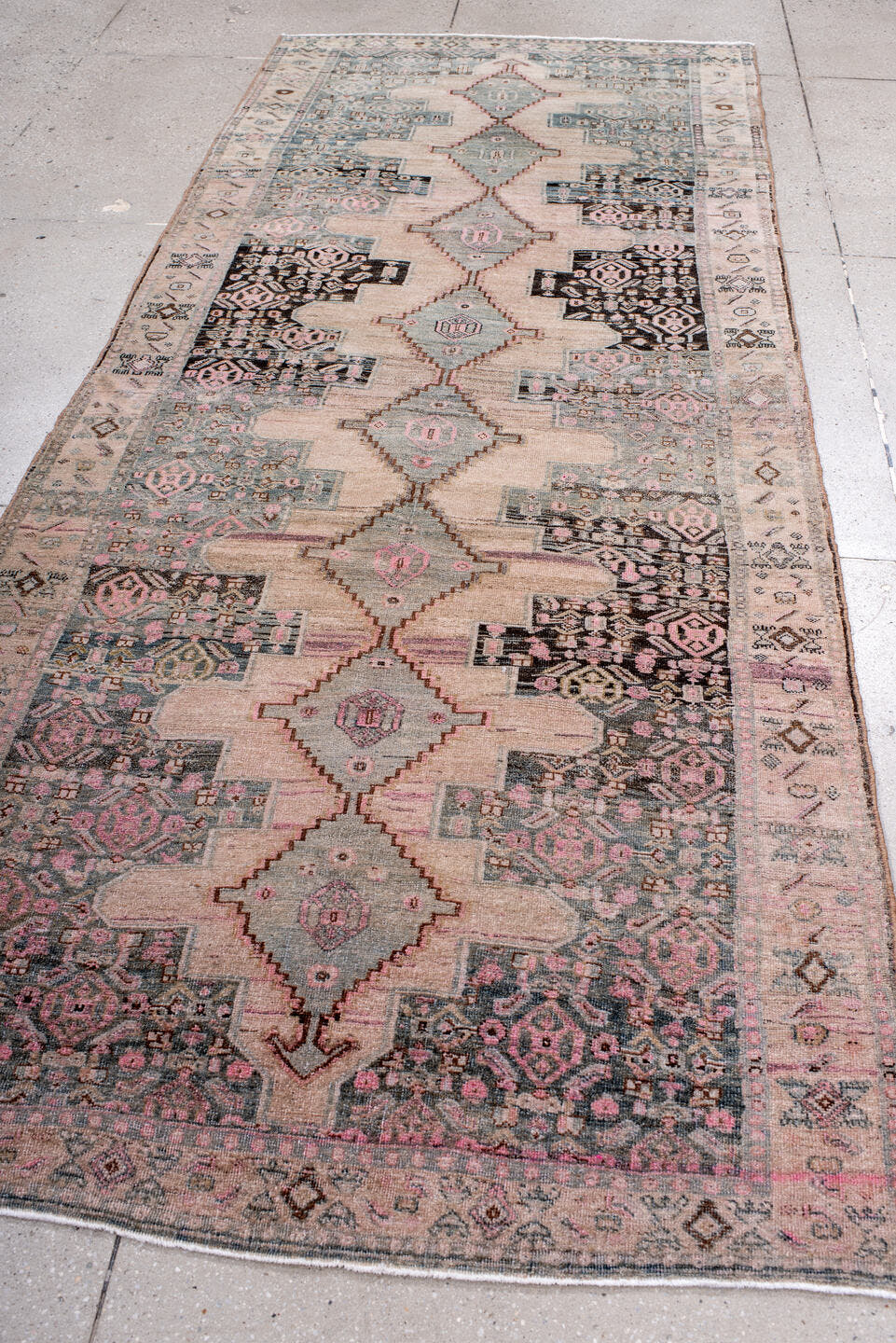 4' x 10' one-of-a-kind handmade antique Bidjar runner rug. Color palette: blush, ivory, slate, charcoal, rose, taupe