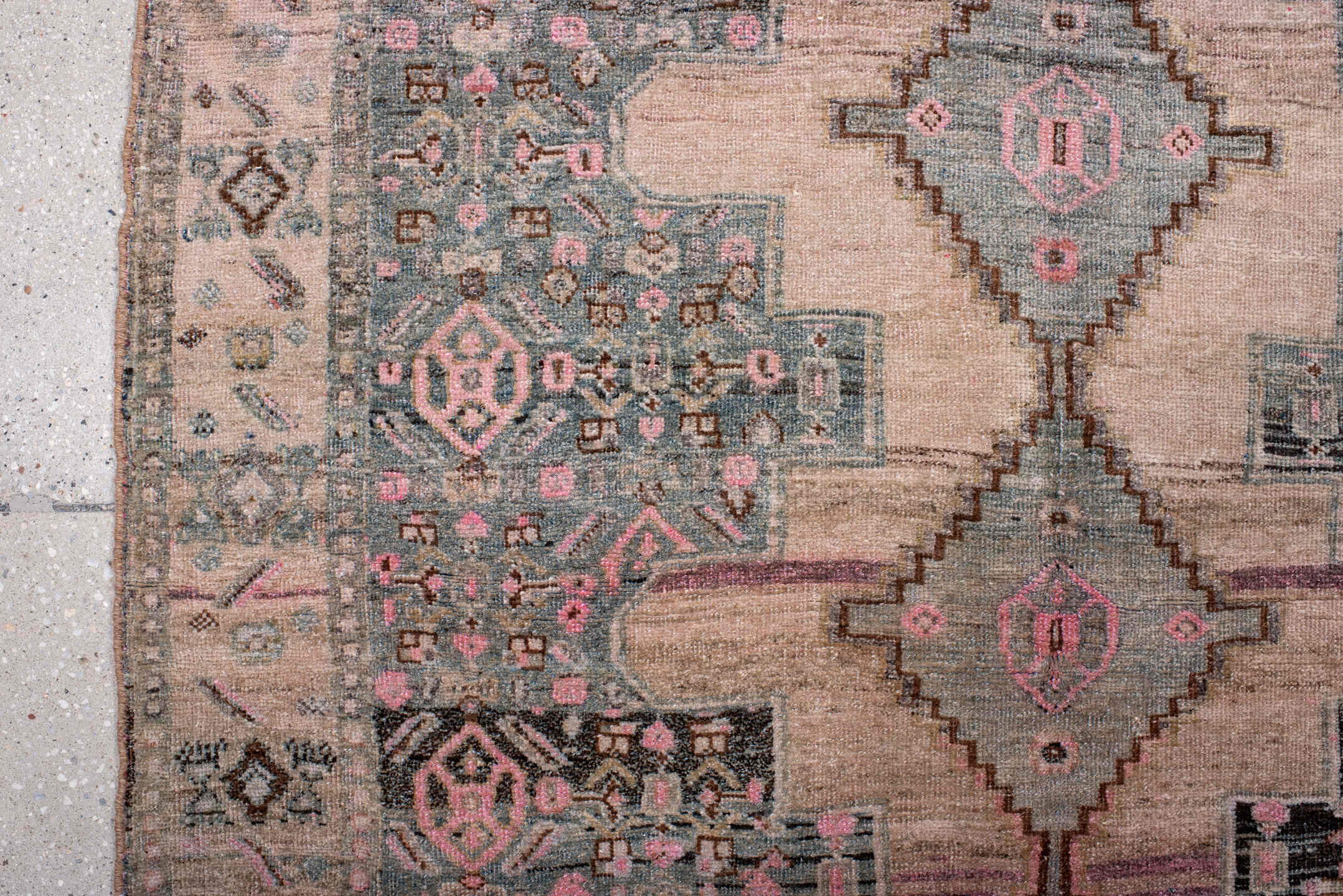4' x 10' one-of-a-kind handmade antique Bidjar runner rug. Color palette: blush, ivory, slate, charcoal, rose, taupe