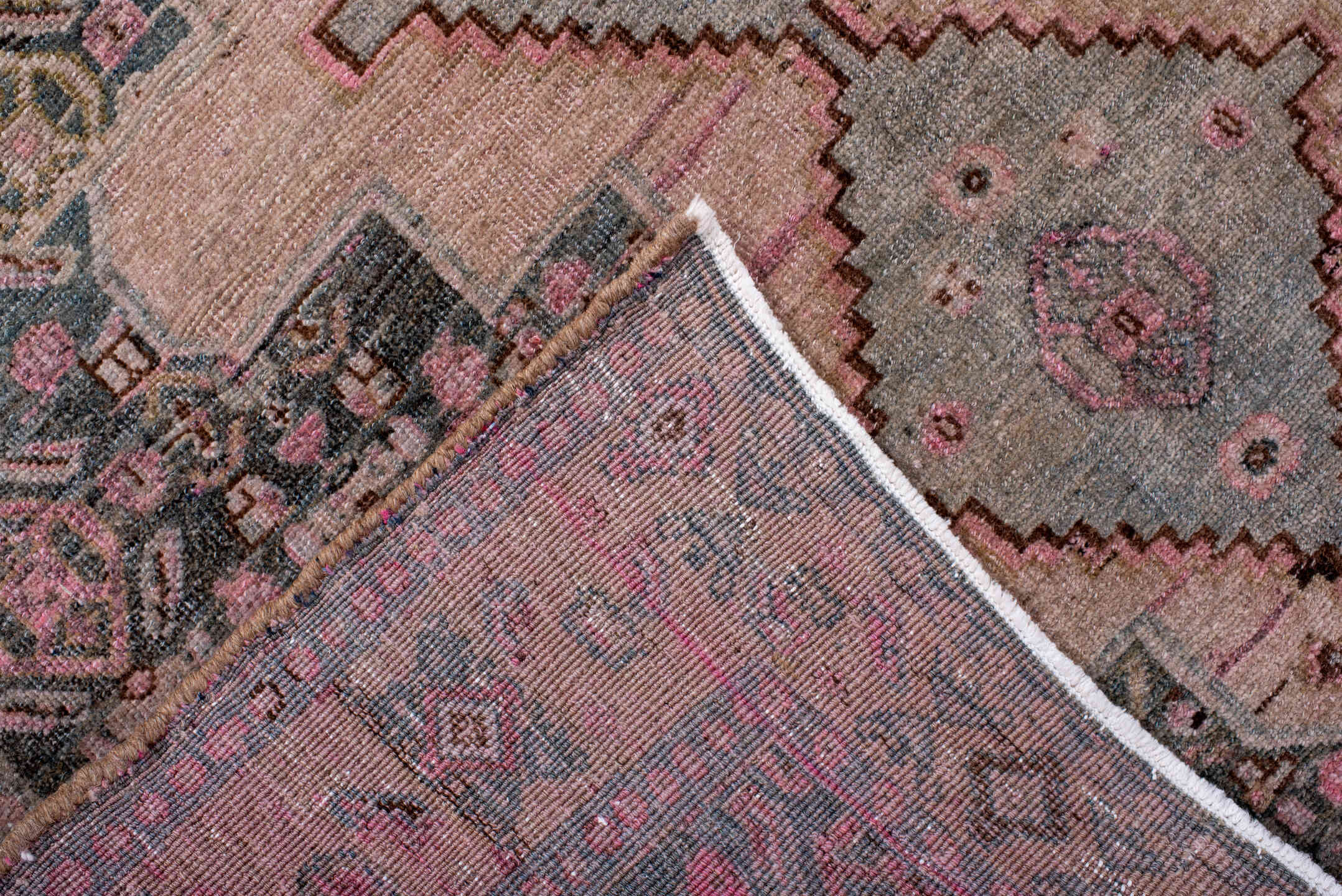 4' x 10' one-of-a-kind handmade antique Bidjar runner rug. Color palette: blush, ivory, slate, charcoal, rose, taupe
