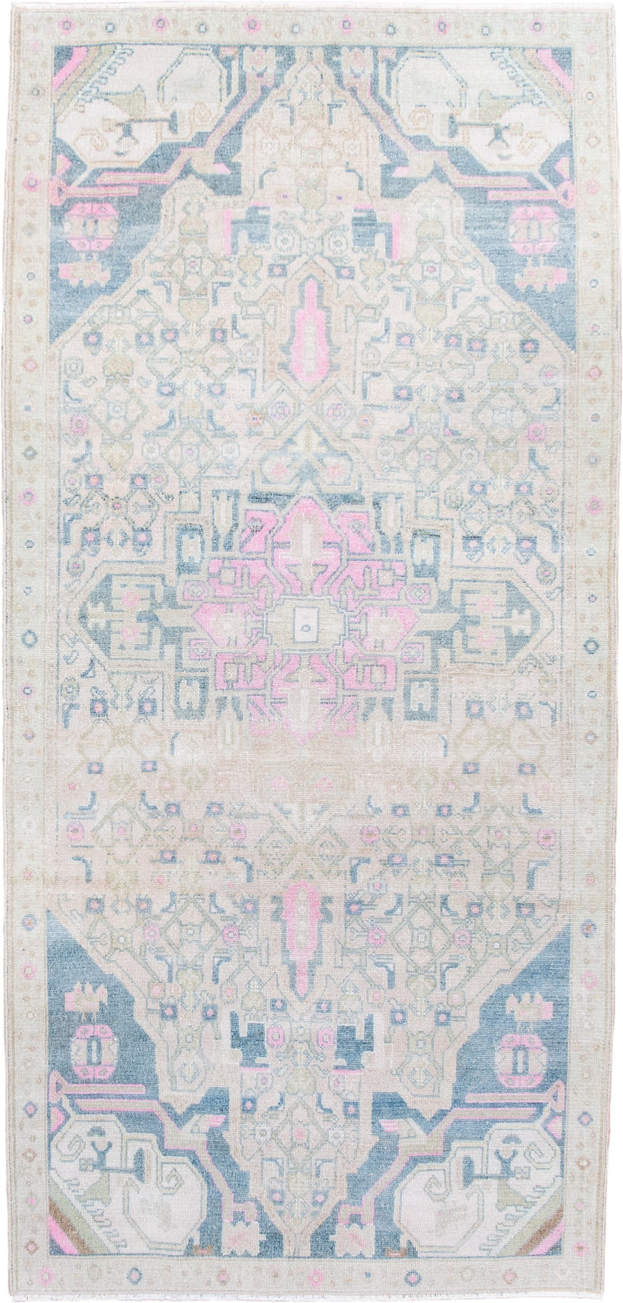 3' x 7' one-of-a-kind handmade antique Malayer runner rug. Color palette: ivory, beige, indigo, pink, taupe, pale blue
