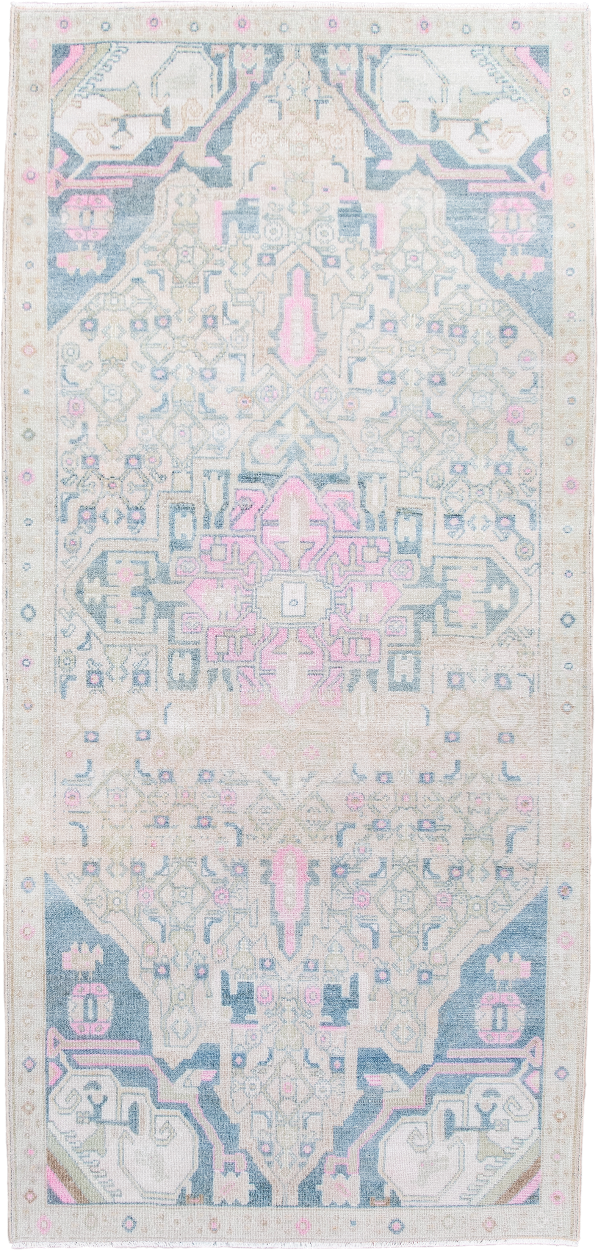3' x 7' one-of-a-kind handmade antique Malayer runner rug. Color palette: ivory, beige, indigo, pink, taupe, pale blue