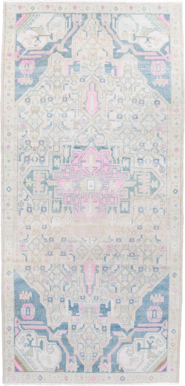 3' x 7' one-of-a-kind handmade antique Malayer runner rug. Color palette: ivory, beige, indigo, pink, taupe, pale blue