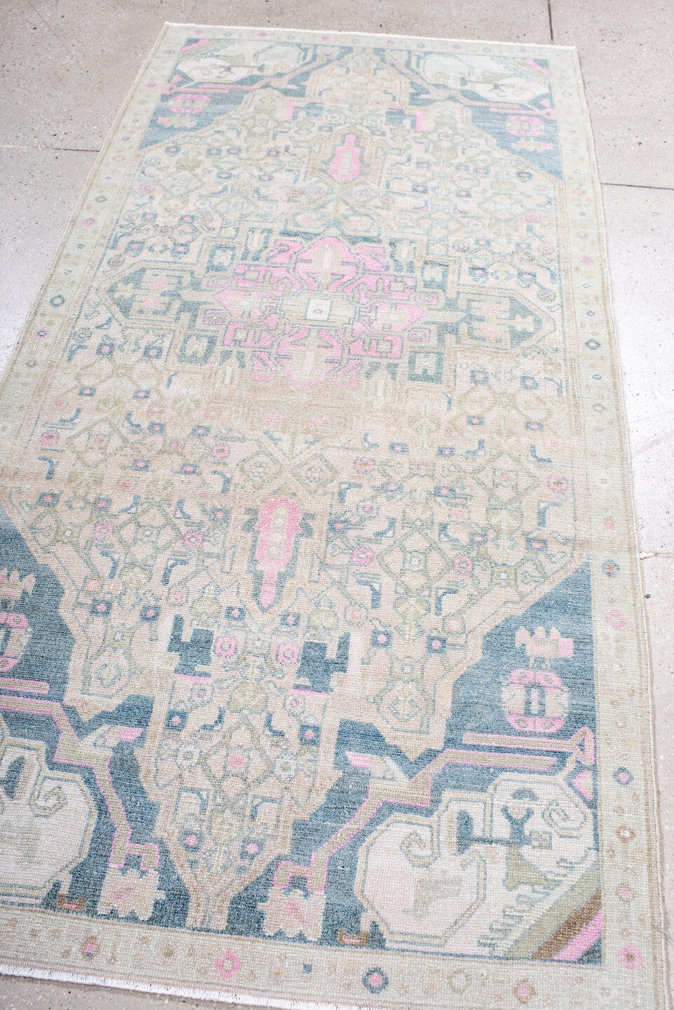3' x 7' one-of-a-kind handmade antique Malayer runner rug. Color palette: ivory, beige, indigo, pink, taupe, pale blue