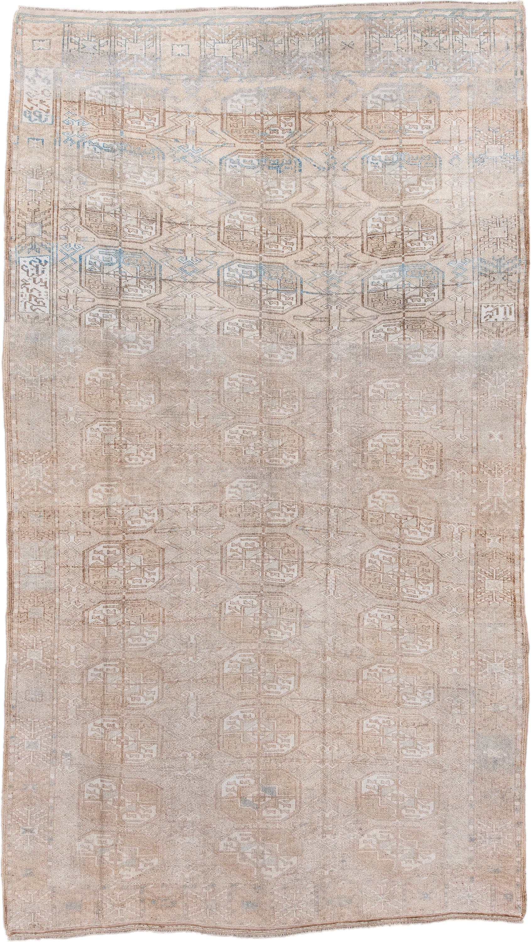 5' x 9' one-of-a-kind handmade antique Afghan medium size rug. Color palette: camel, ivory, taupe, light blue, beige, gray