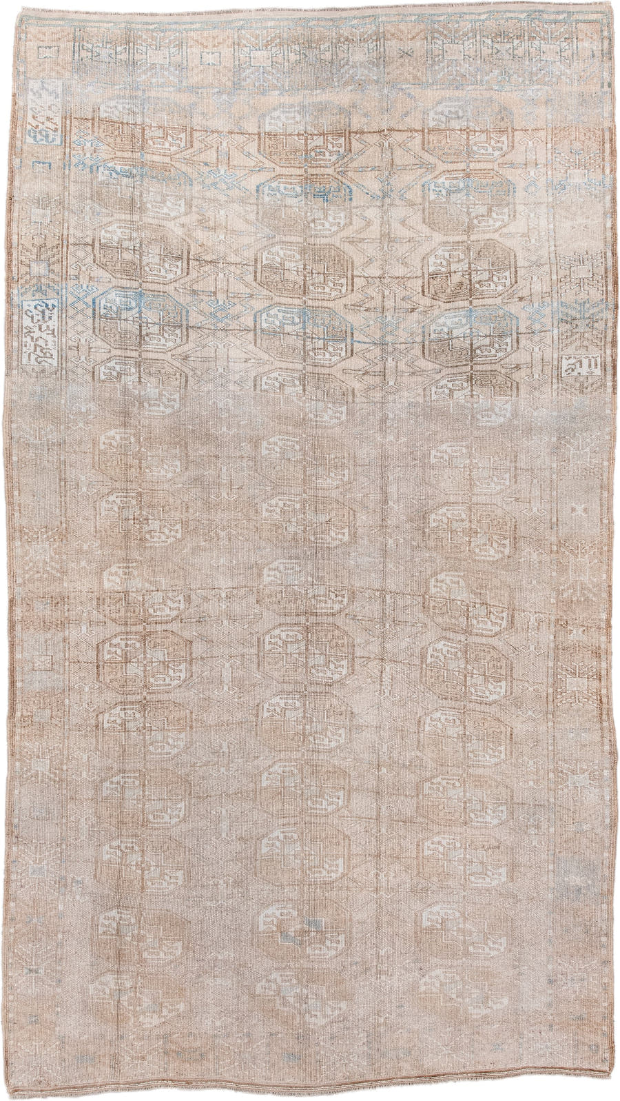 5' x 9' one-of-a-kind handmade antique Afghan medium size rug. Color palette: camel, ivory, taupe, light blue, beige, gray