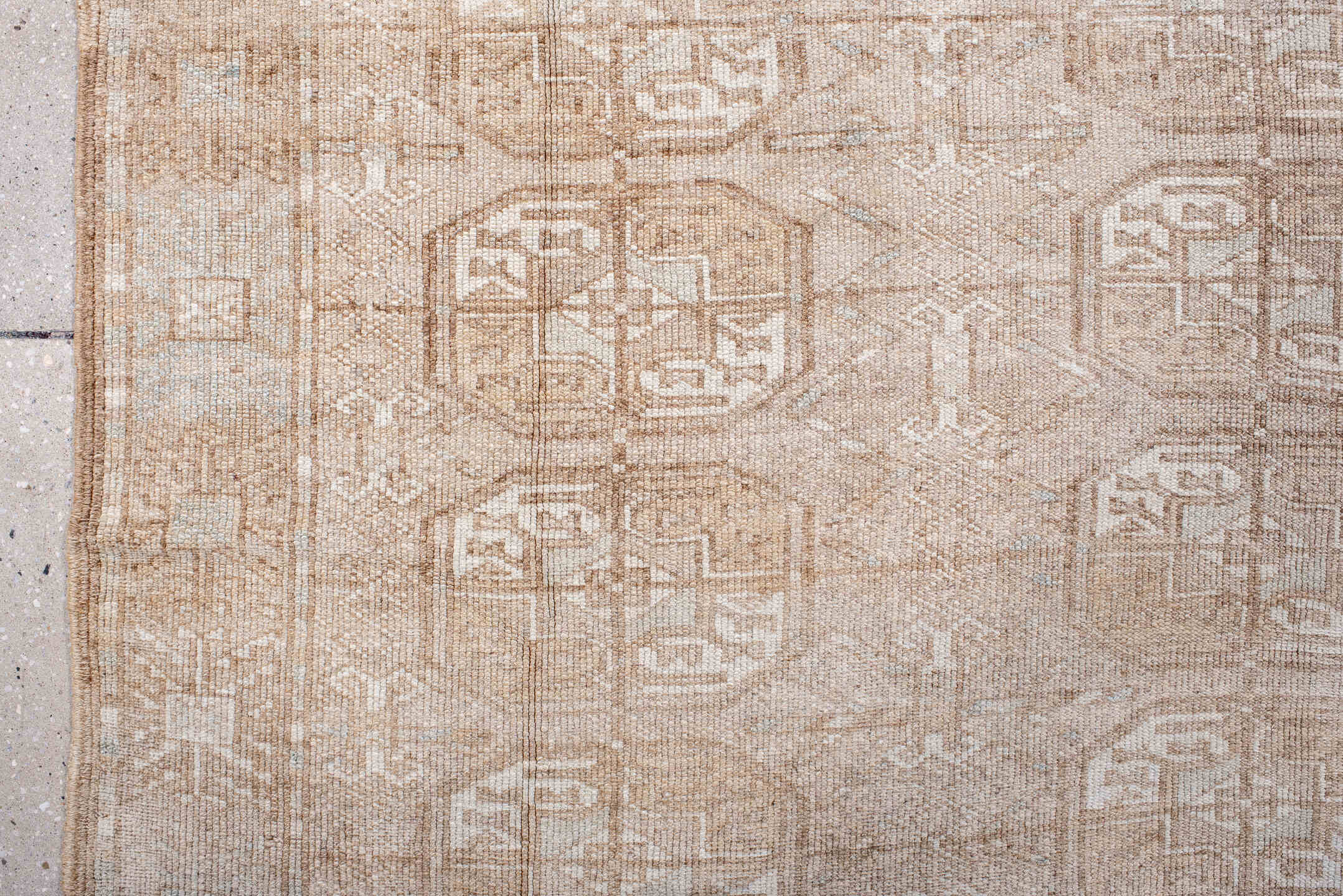 5' x 9' one-of-a-kind handmade antique Afghan medium size rug. Color palette: camel, ivory, taupe, light blue, beige, gray