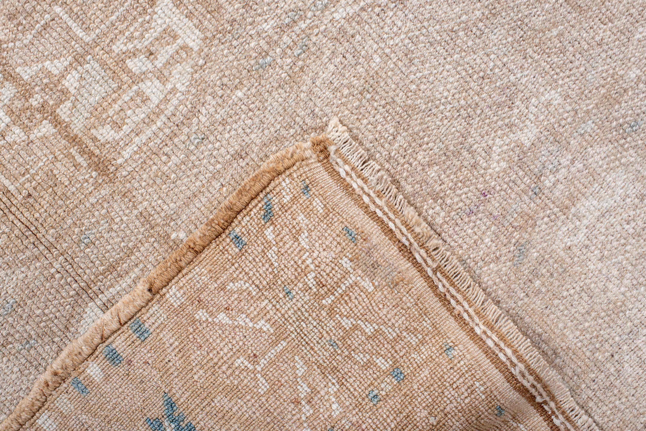 5' x 9' one-of-a-kind handmade antique Afghan medium size rug. Color palette: camel, ivory, taupe, light blue, beige, gray