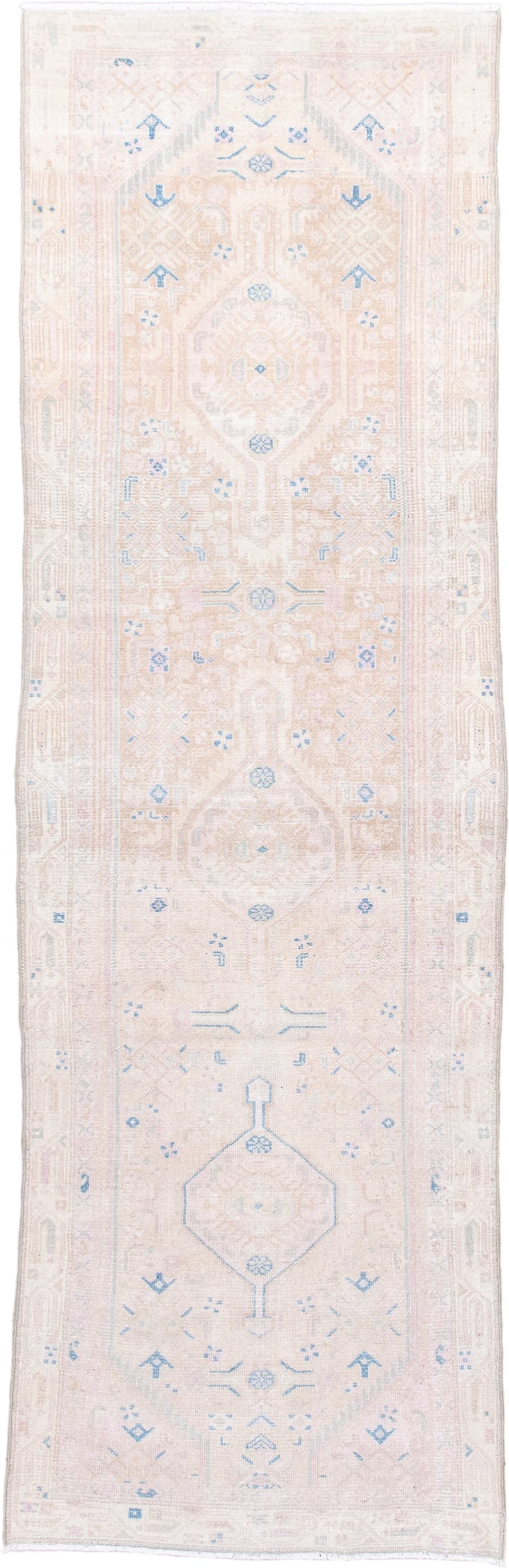2' x 9' one-of-a-kind handmade antique Hamadan runner rug. Color palette: ivory, blush, pale blue, cream, taupe, pink