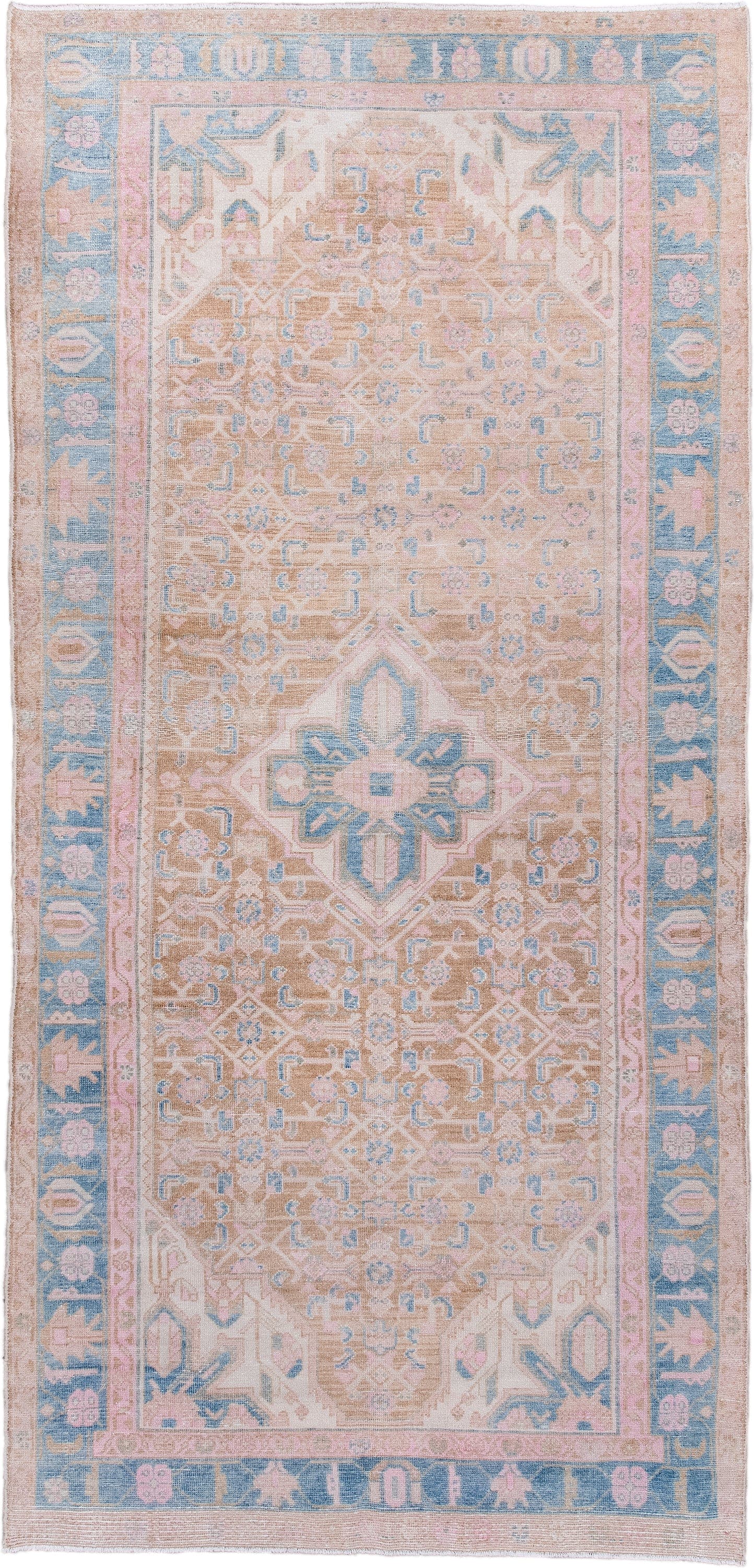 4' x 8' one-of-a-kind handmade antique Hamadan runner rug. Color palette: camel, sky blue, blush, ivory, taupe, pale pink