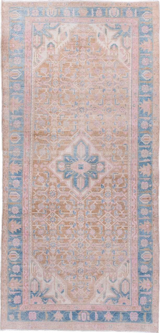 4' x 8' one-of-a-kind handmade antique Hamadan runner rug. Color palette: camel, sky blue, blush, ivory, taupe, pale pink
