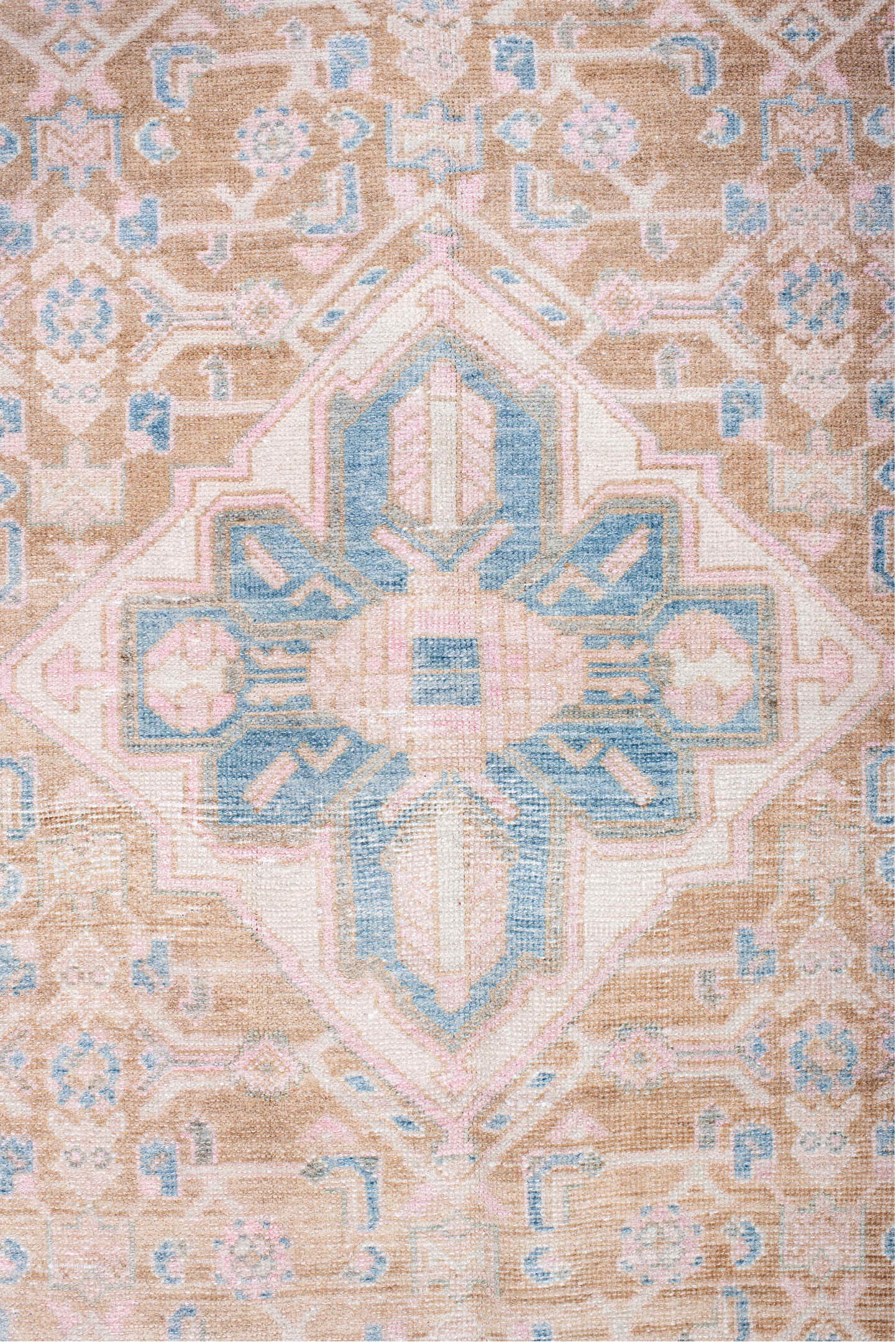 4' x 8' one-of-a-kind handmade antique Hamadan runner rug. Color palette: camel, sky blue, blush, ivory, taupe, pale pink