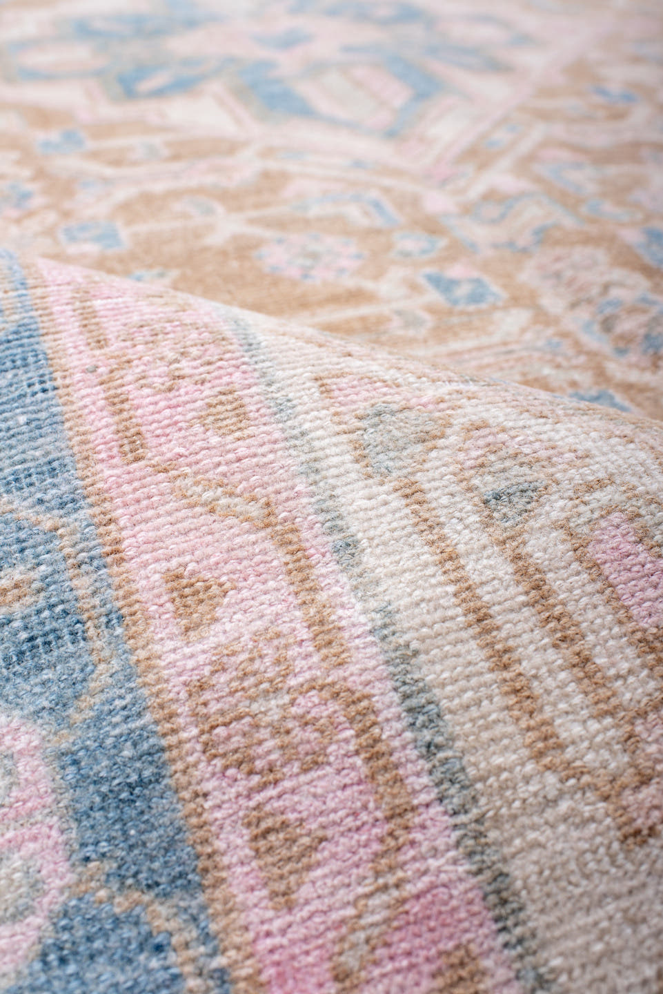 4' x 8' one-of-a-kind handmade antique Hamadan runner rug. Color palette: camel, sky blue, blush, ivory, taupe, pale pink