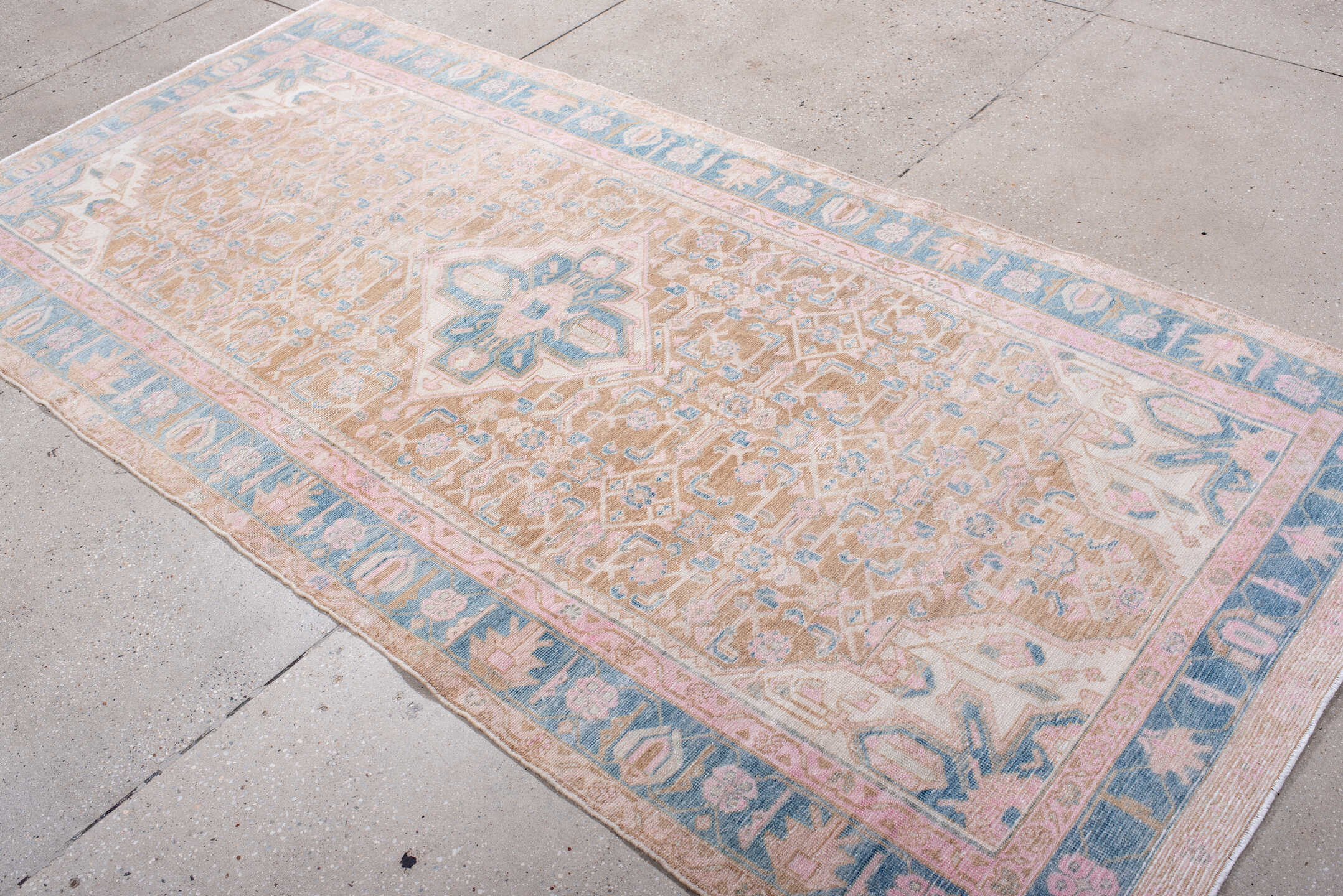 4' x 8' one-of-a-kind handmade antique Hamadan runner rug. Color palette: camel, sky blue, blush, ivory, taupe, pale pink
