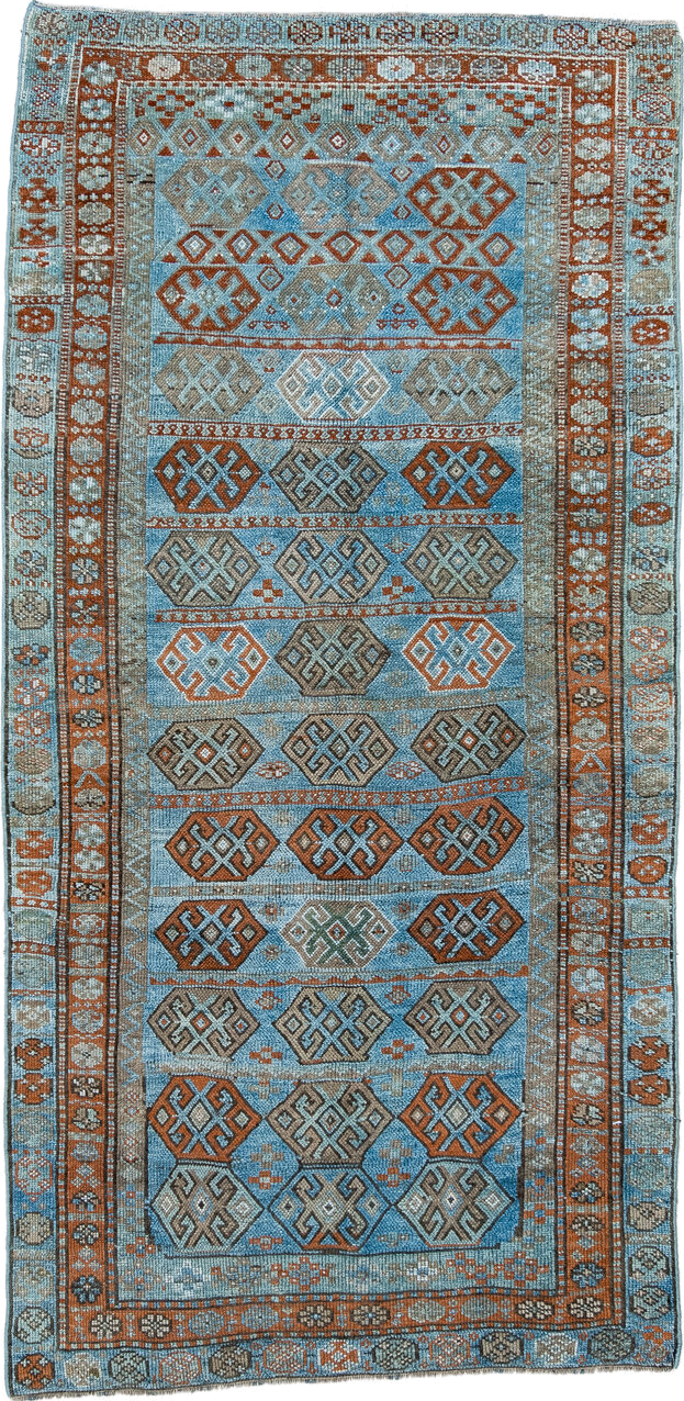 4' x 8' one-of-a-kind handmade antique Kurd runner rug. Color palette: sky blue, rust, taupe, ivory, slate, camel