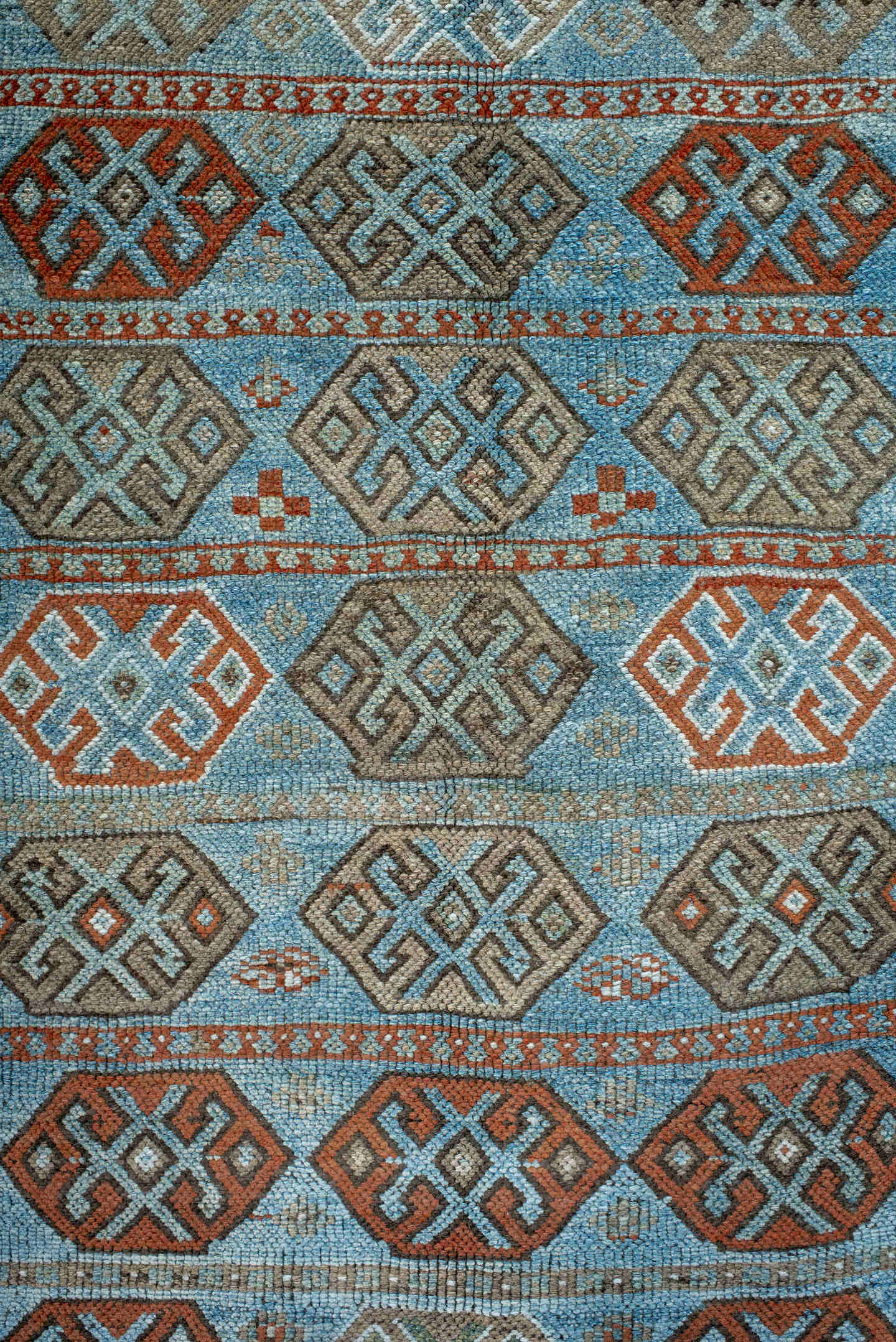 4' x 8' one-of-a-kind handmade antique Kurd runner rug. Color palette: sky blue, rust, taupe, ivory, slate, camel