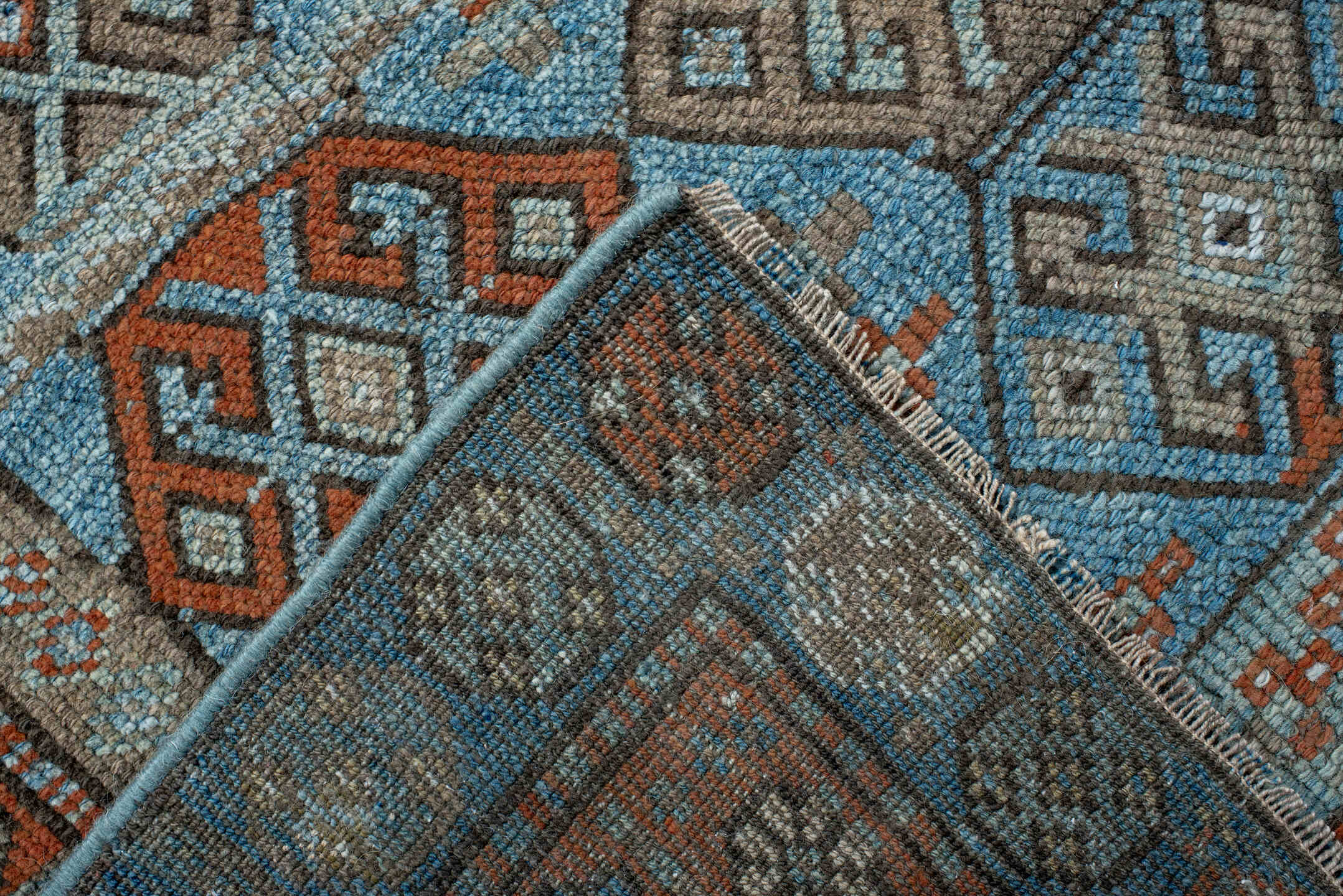 4' x 8' one-of-a-kind handmade antique Kurd runner rug. Color palette: sky blue, rust, taupe, ivory, slate, camel