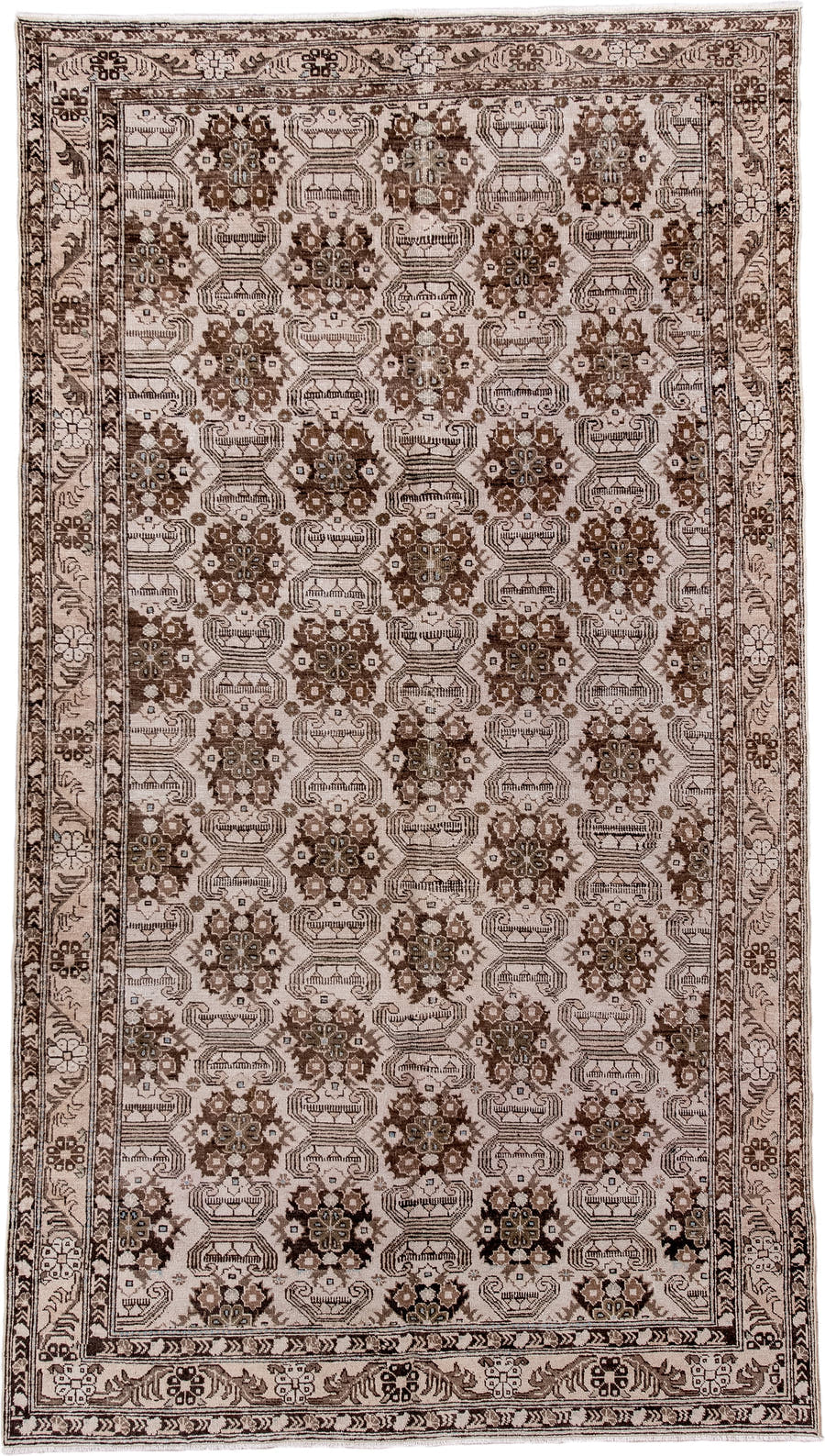 5' x 9' one-of-a-kind handmade antique Tabriz medium size rug. Color palette: ivory, brown, taupe, camel, charcoal, beige