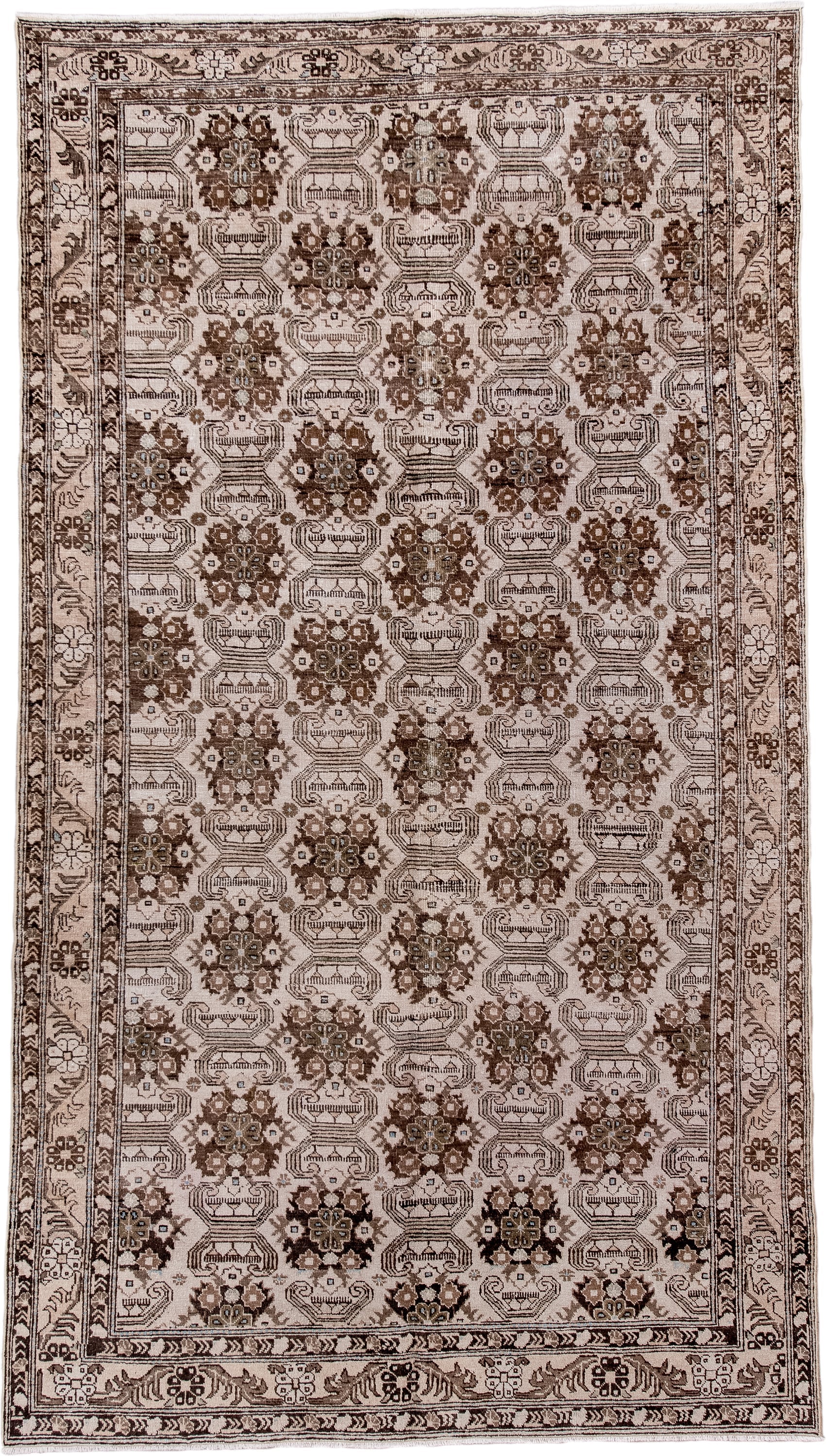 5' x 9' one-of-a-kind handmade antique Tabriz medium size rug. Color palette: ivory, brown, taupe, camel, charcoal, beige
