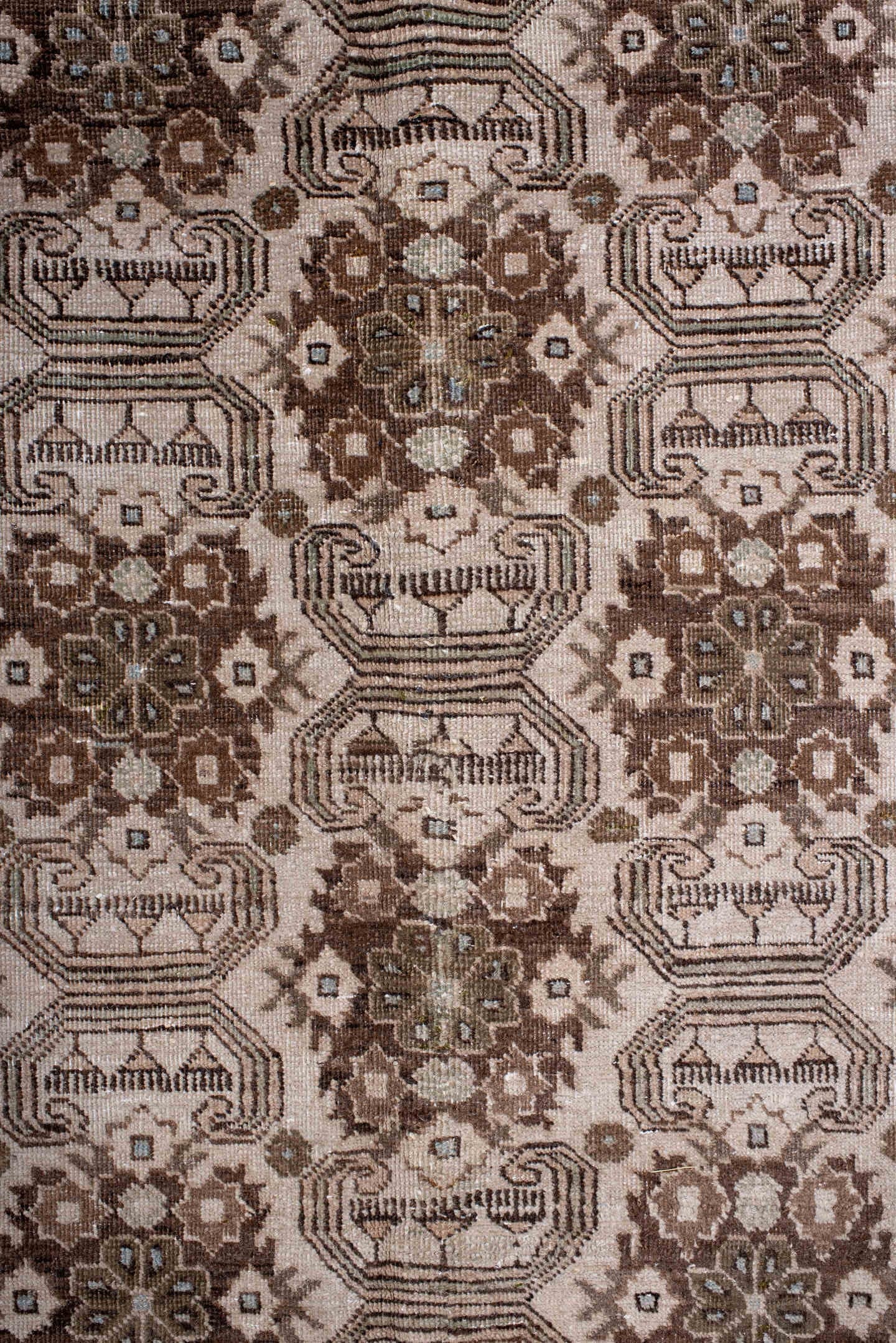 5' x 9' one-of-a-kind handmade antique Tabriz medium size rug. Color palette: ivory, brown, taupe, camel, charcoal, beige