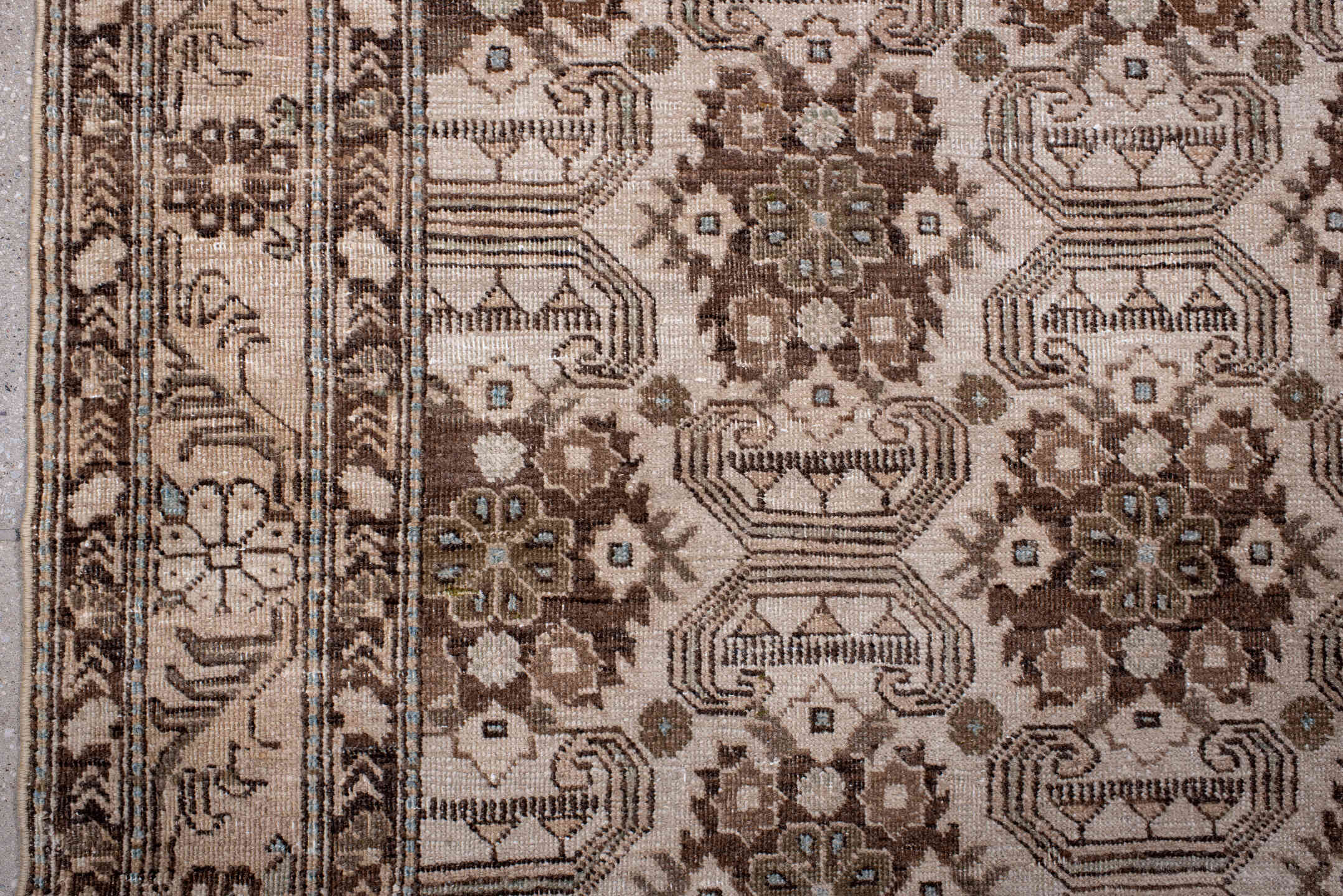 5' x 9' one-of-a-kind handmade antique Tabriz medium size rug. Color palette: ivory, brown, taupe, camel, charcoal, beige