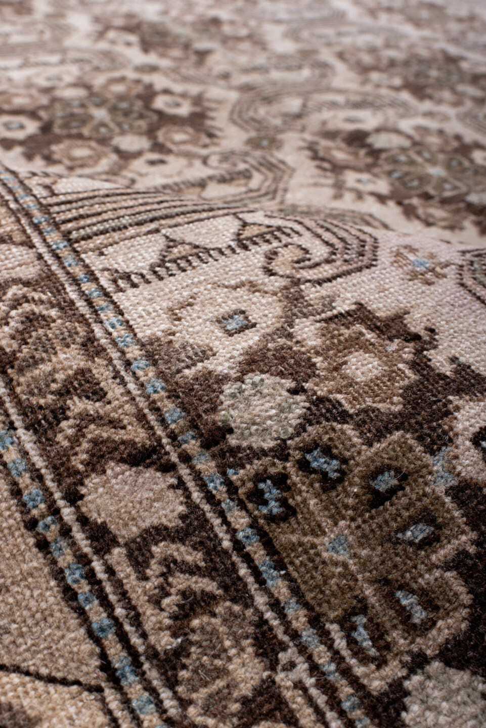 5' x 9' one-of-a-kind handmade antique Tabriz medium size rug. Color palette: ivory, brown, taupe, camel, charcoal, beige