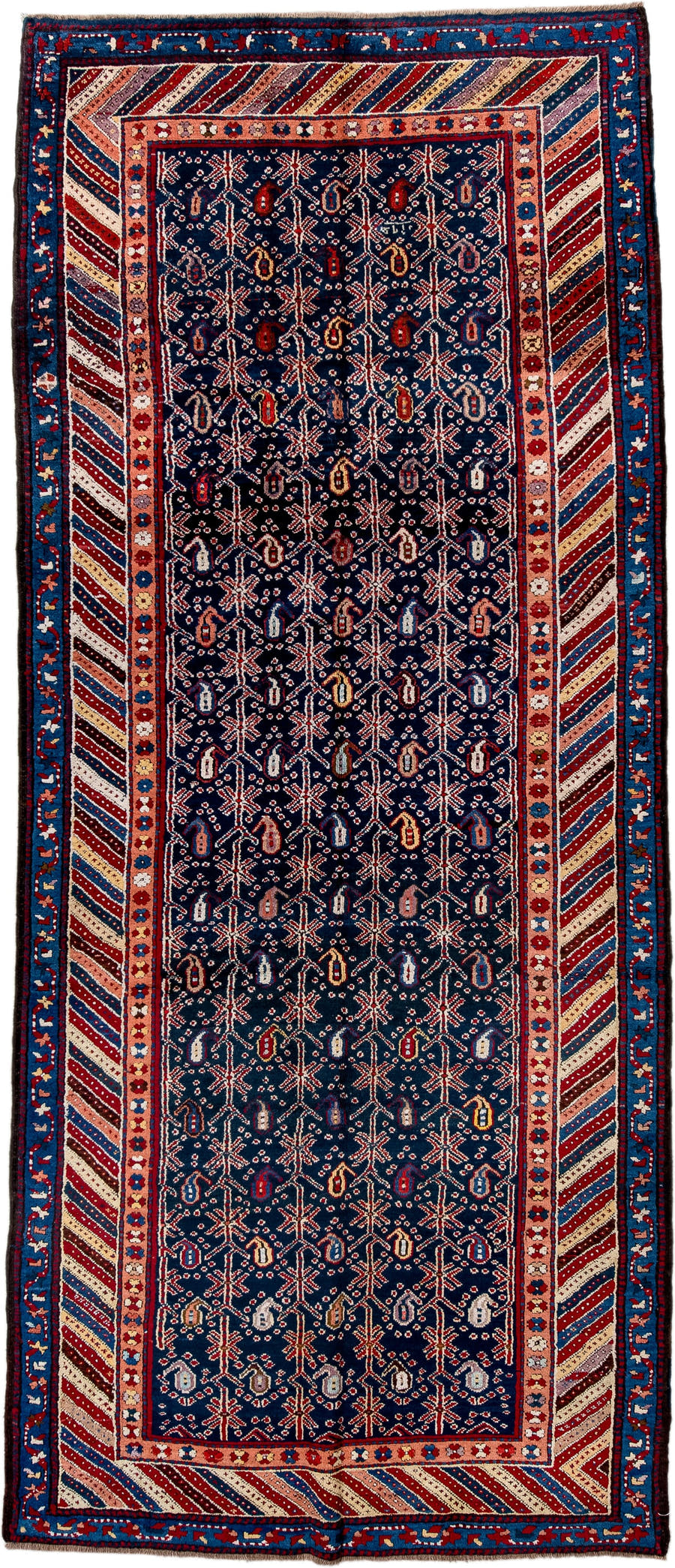 4' x 10' one-of-a-kind handmade antique NW Persian runner rug. Color palette: navy, ivory, red, cobalt, rust, camel, crimson