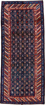 4' x 10' one-of-a-kind handmade antique NW Persian runner rug. Color palette: navy, ivory, red, cobalt, rust, camel, crimson