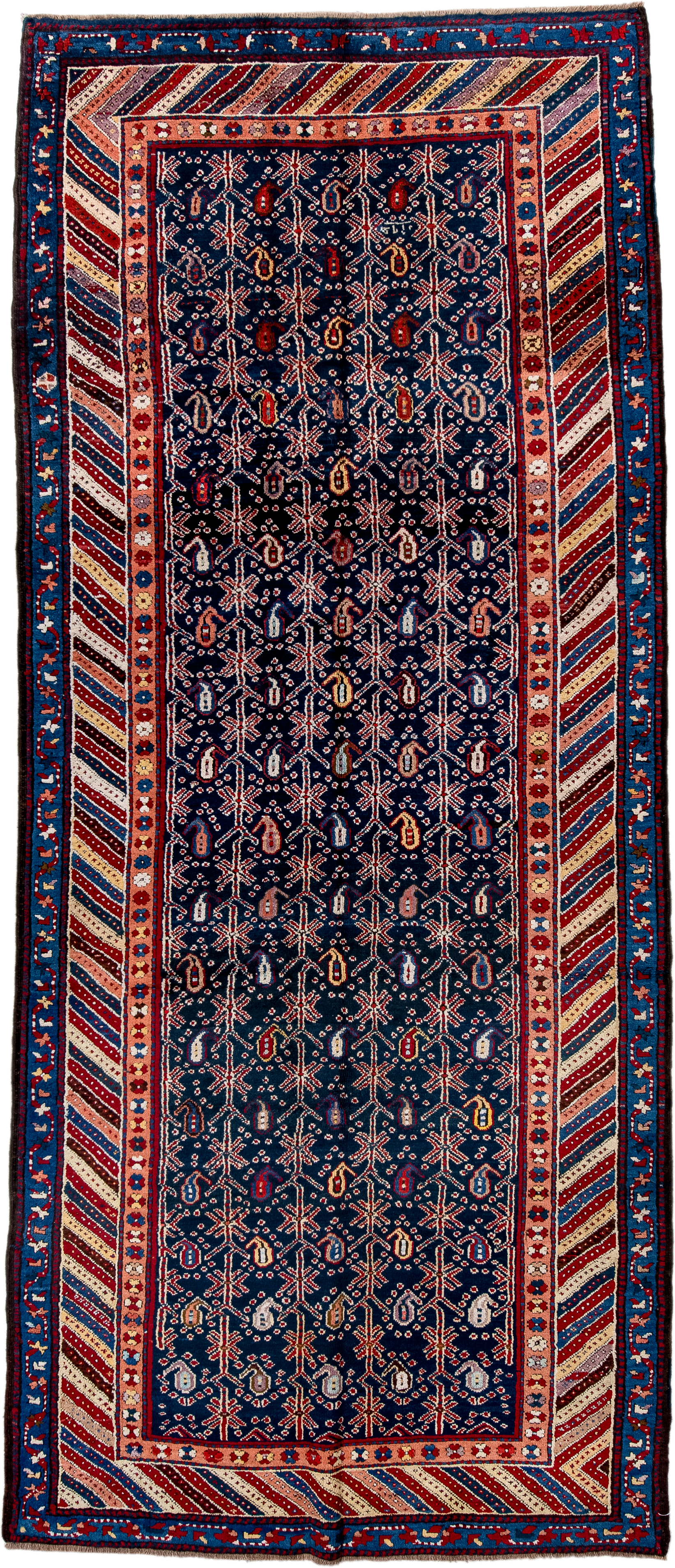 4' x 10' one-of-a-kind handmade antique NW Persian runner rug. Color palette: navy, ivory, red, cobalt, rust, camel, crimson