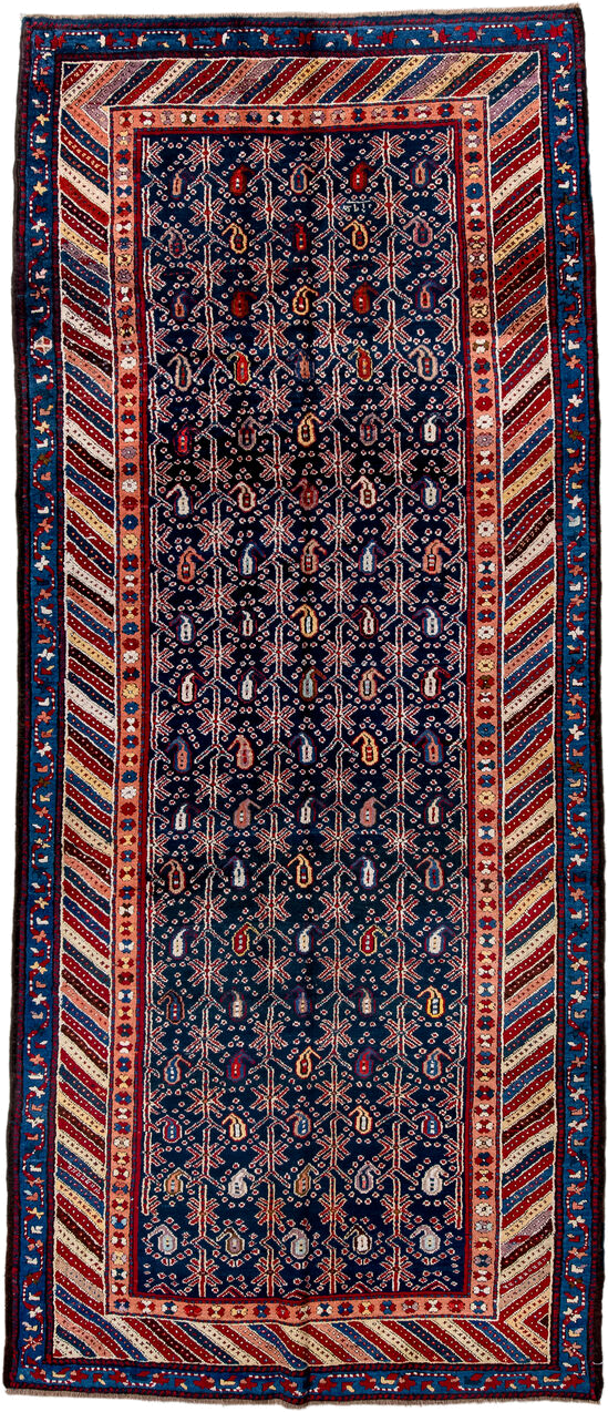 4' x 10' one-of-a-kind handmade antique NW Persian runner rug. Color palette: navy, ivory, red, cobalt, rust, camel, crimson