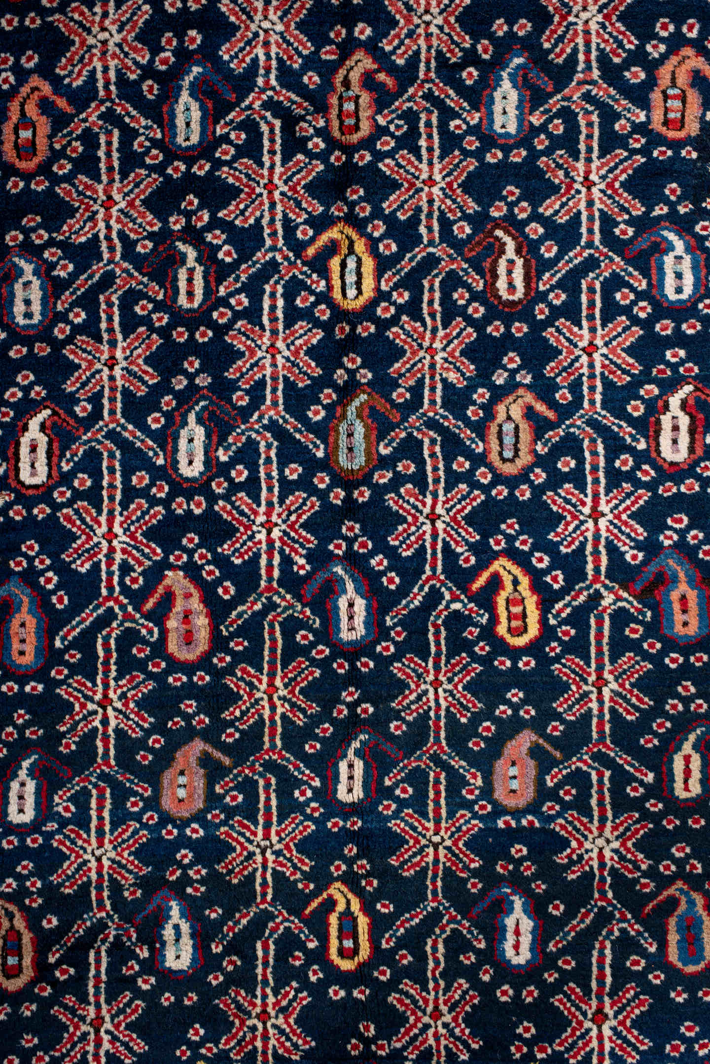 4' x 10' one-of-a-kind handmade antique NW Persian runner rug. Color palette: navy, ivory, red, cobalt, rust, camel, crimson