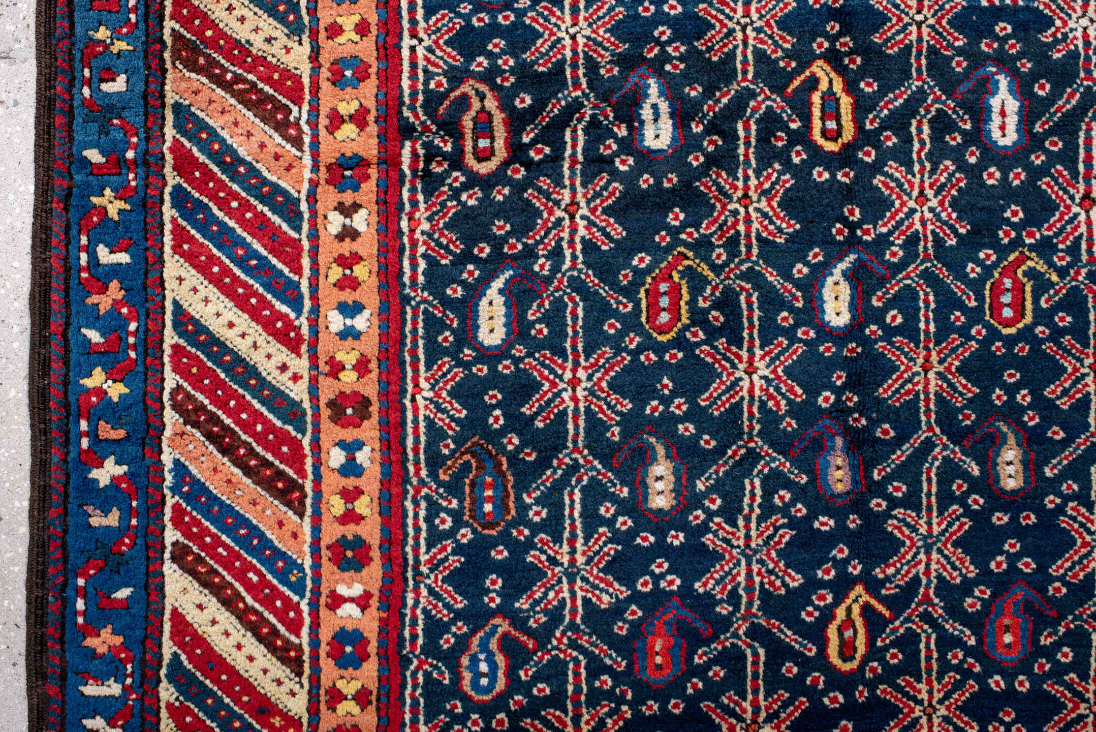 4' x 10' one-of-a-kind handmade antique NW Persian runner rug. Color palette: navy, ivory, red, cobalt, rust, camel, crimson