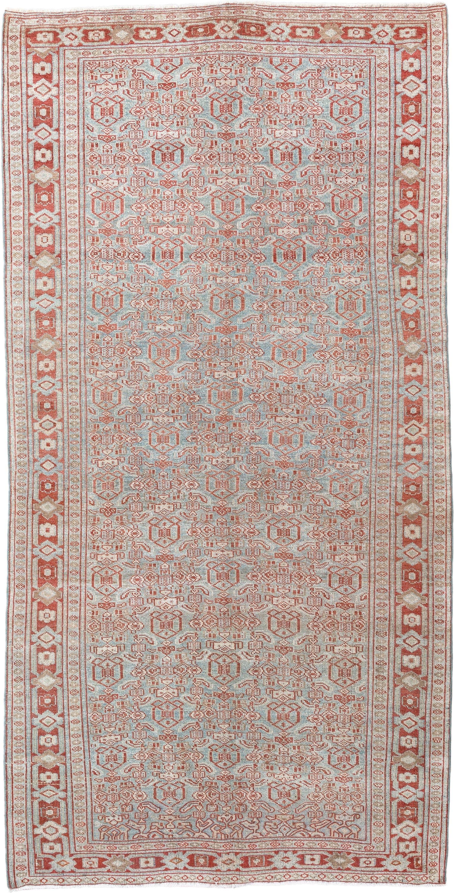4' x 9' one-of-a-kind handmade vintage Bidjar medium size rug. Color palette: pale blue, terracotta, ivory, rose, taupe