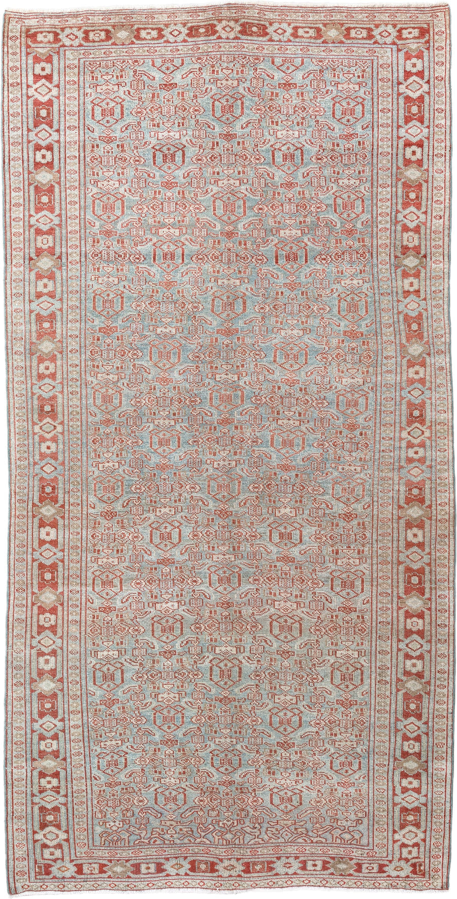 4' x 9' one-of-a-kind handmade vintage Bidjar medium size rug. Color palette: pale blue, terracotta, ivory, rose, taupe