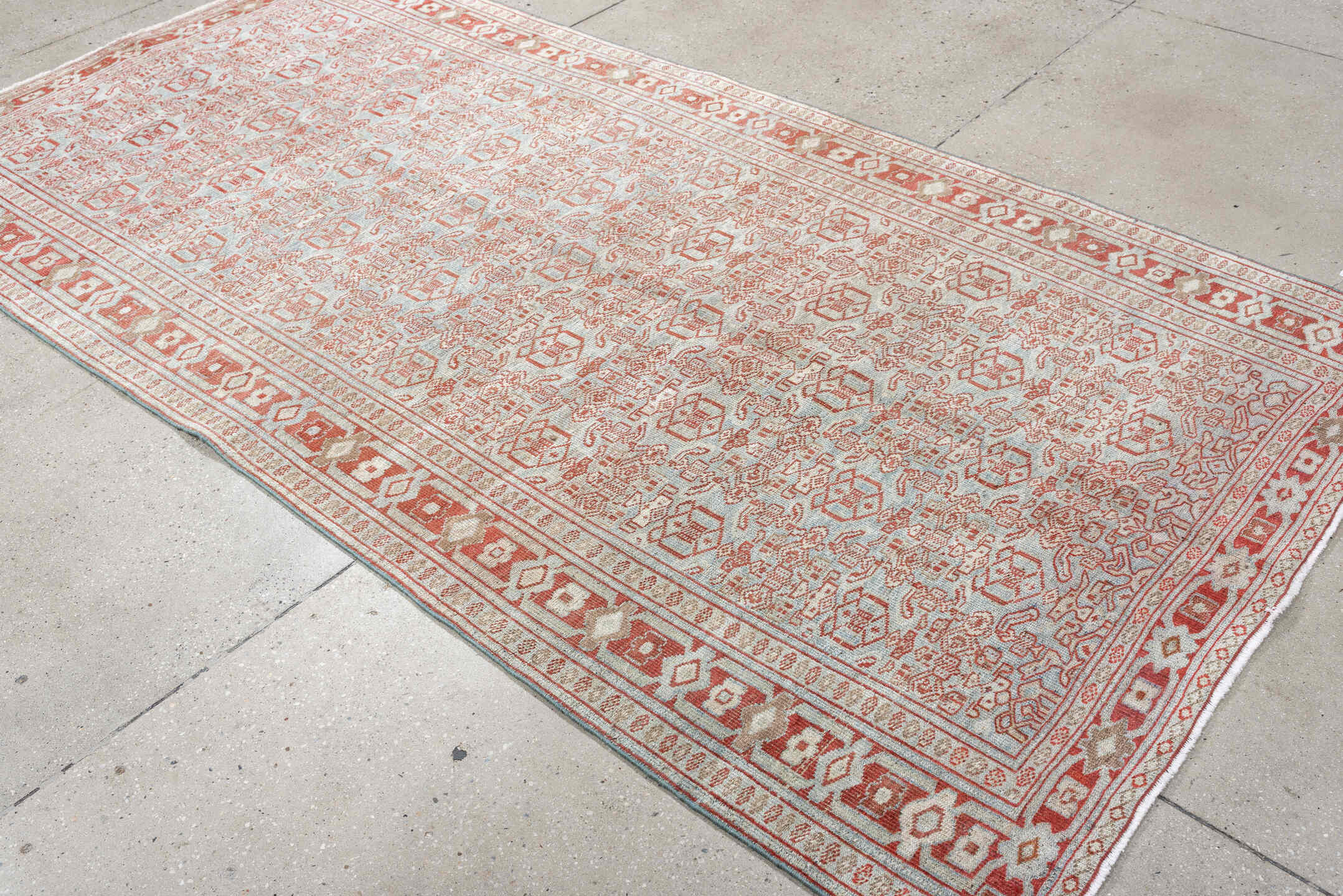 4' x 9' one-of-a-kind handmade vintage Bidjar medium size rug. Color palette: pale blue, terracotta, ivory, rose, taupe