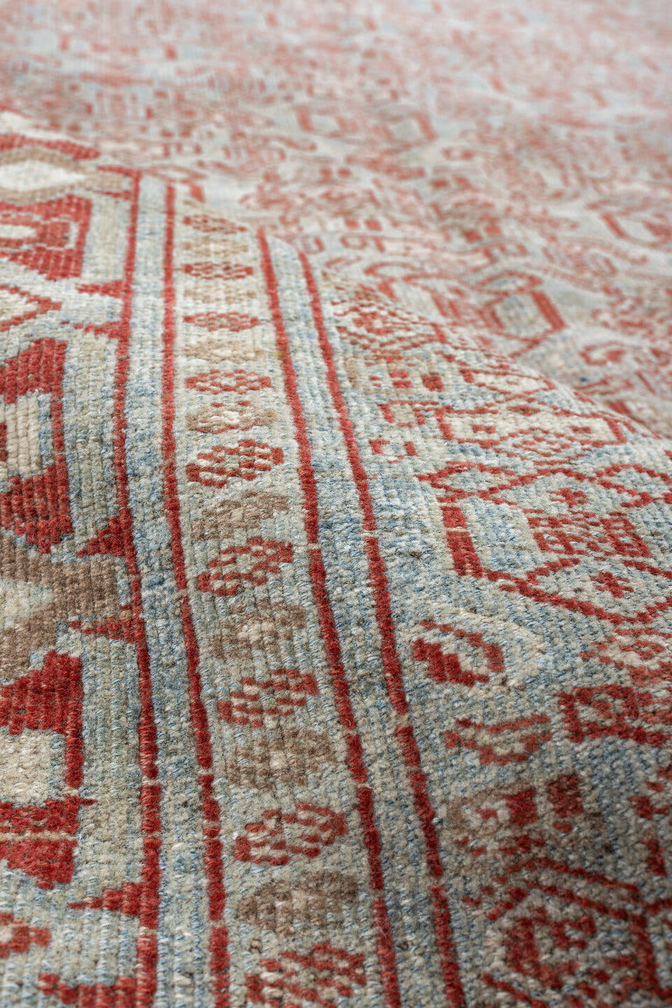4' x 9' one-of-a-kind handmade vintage Bidjar medium size rug. Color palette: pale blue, terracotta, ivory, rose, taupe