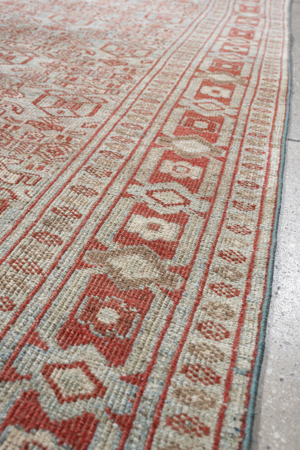 4' x 9' one-of-a-kind handmade vintage Bidjar medium size rug. Color palette: pale blue, terracotta, ivory, rose, taupe