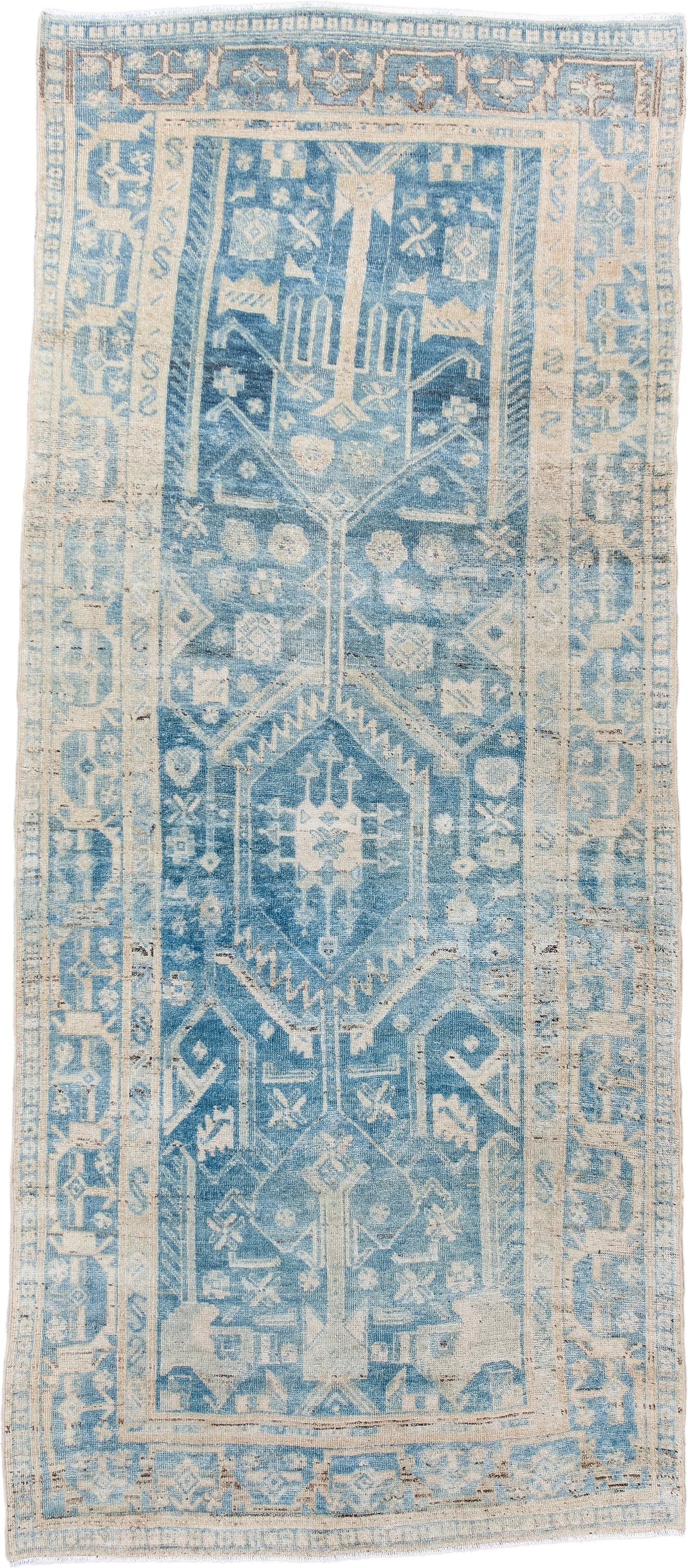 4' x 9' one-of-a-kind handmade antique Bidjar runner rug. Color palette: sky blue, ivory, powder blue, beige, taupe