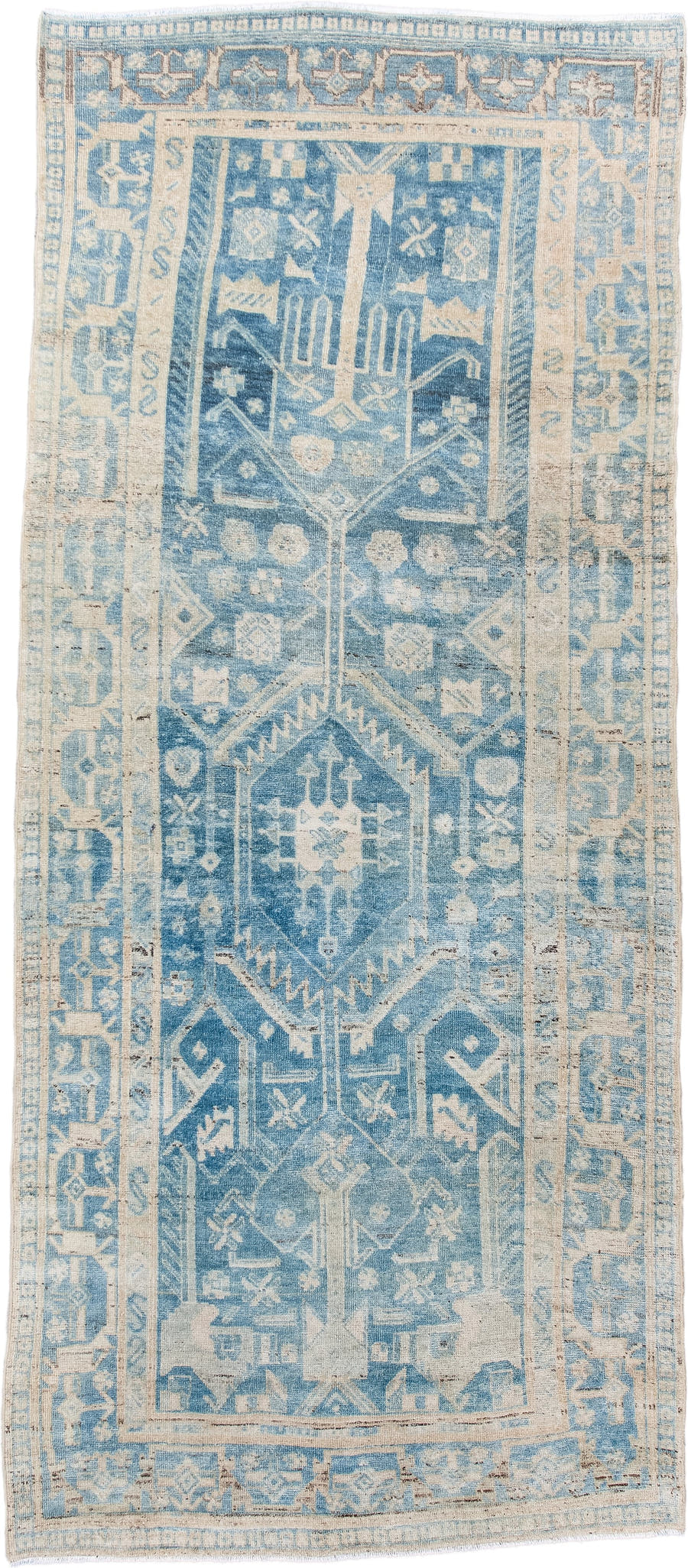 4' x 9' one-of-a-kind handmade antique Bidjar runner rug. Color palette: sky blue, ivory, powder blue, beige, taupe