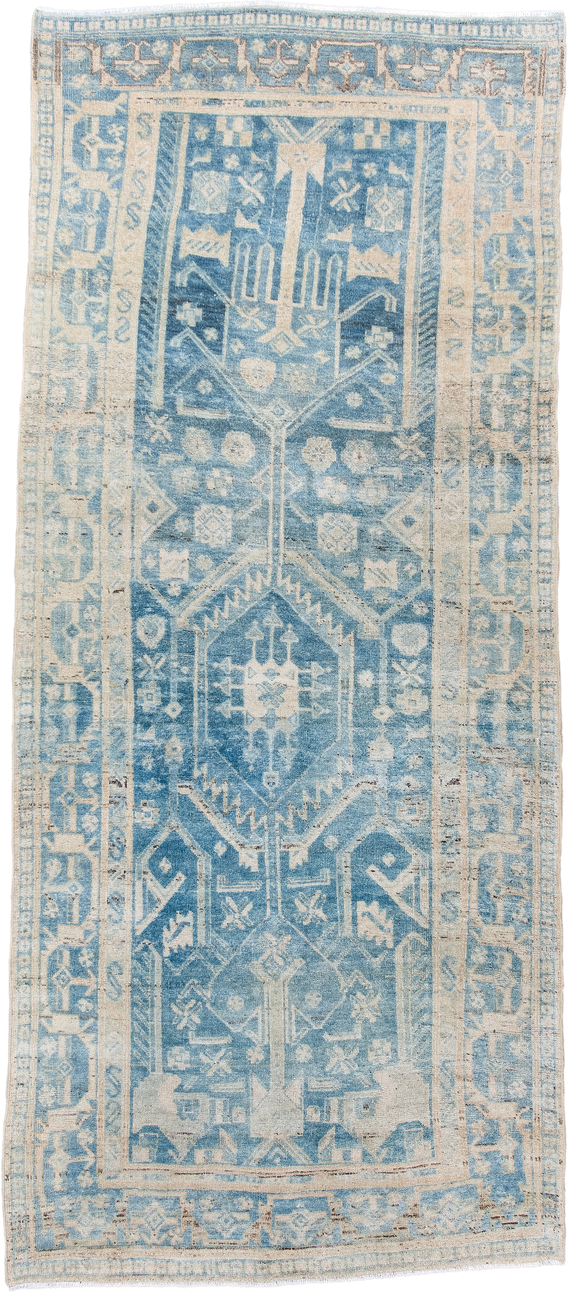 4' x 9' one-of-a-kind handmade antique Bidjar runner rug. Color palette: sky blue, ivory, powder blue, beige, taupe